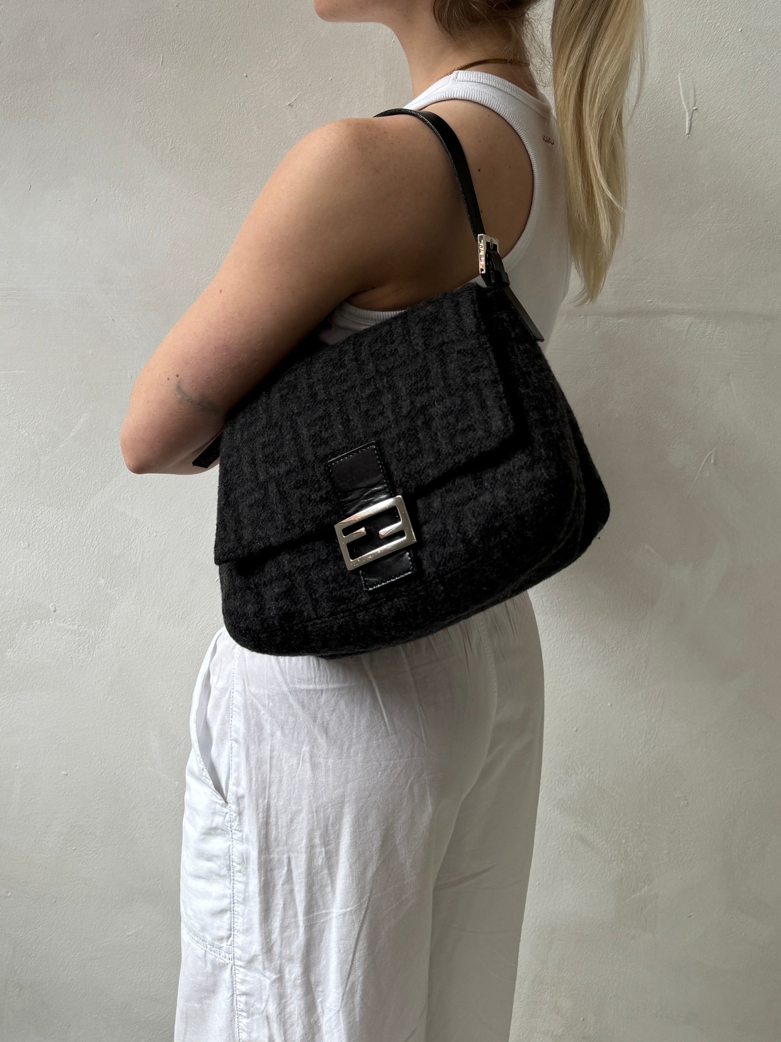 Vintage Fendi Zucca Cashmere Mamma Baguette Shoulder Bag