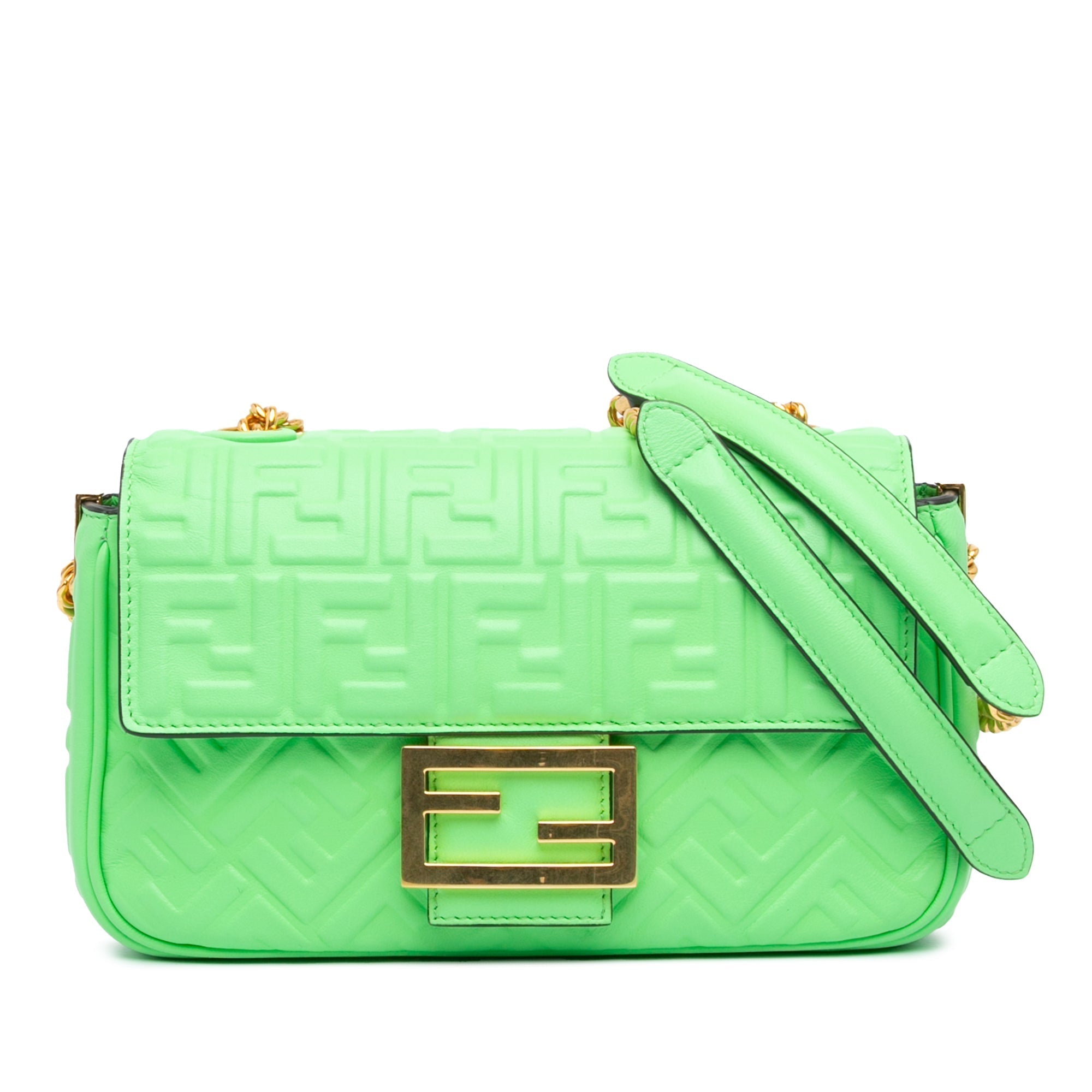 Green Fendi Zucca Embossed Leather Chain Midi Baguette Shoulder Bag