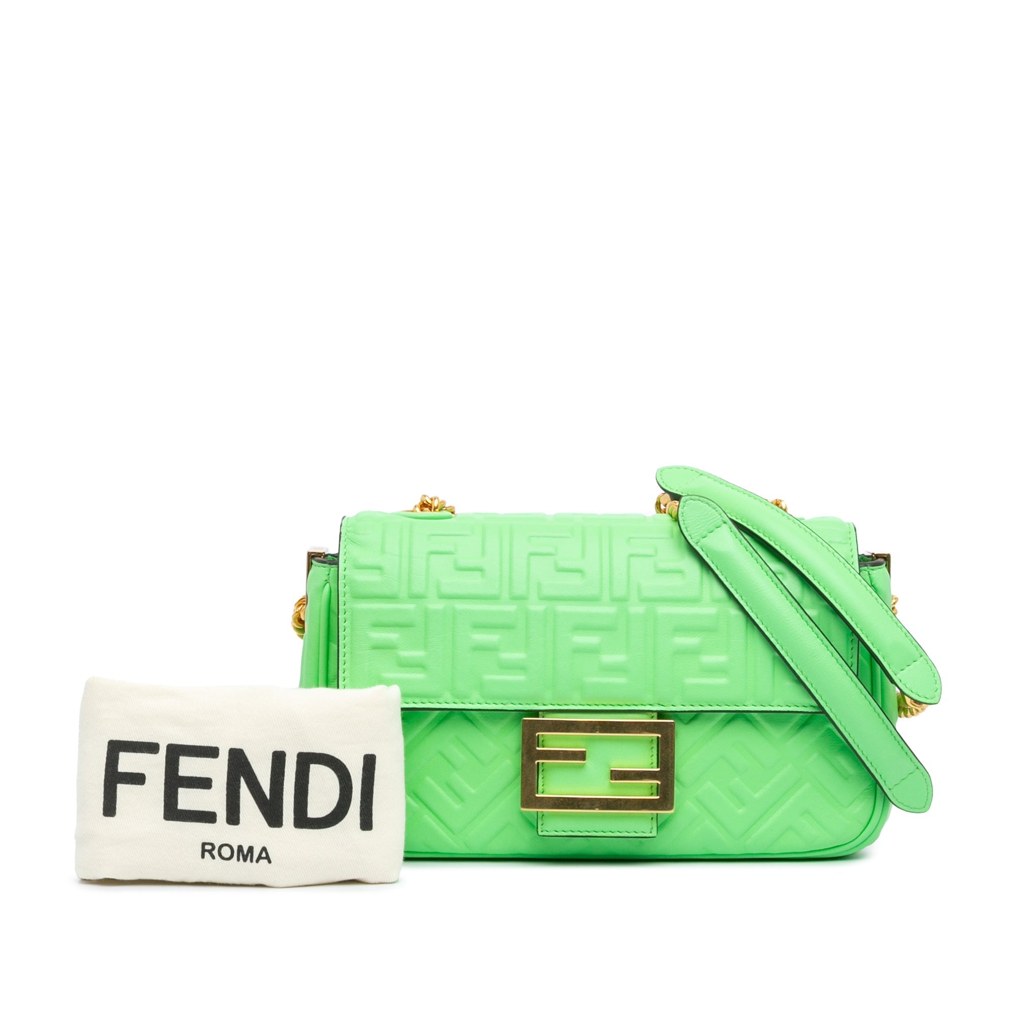 Green Fendi Zucca Embossed Leather Chain Midi Baguette Shoulder Bag