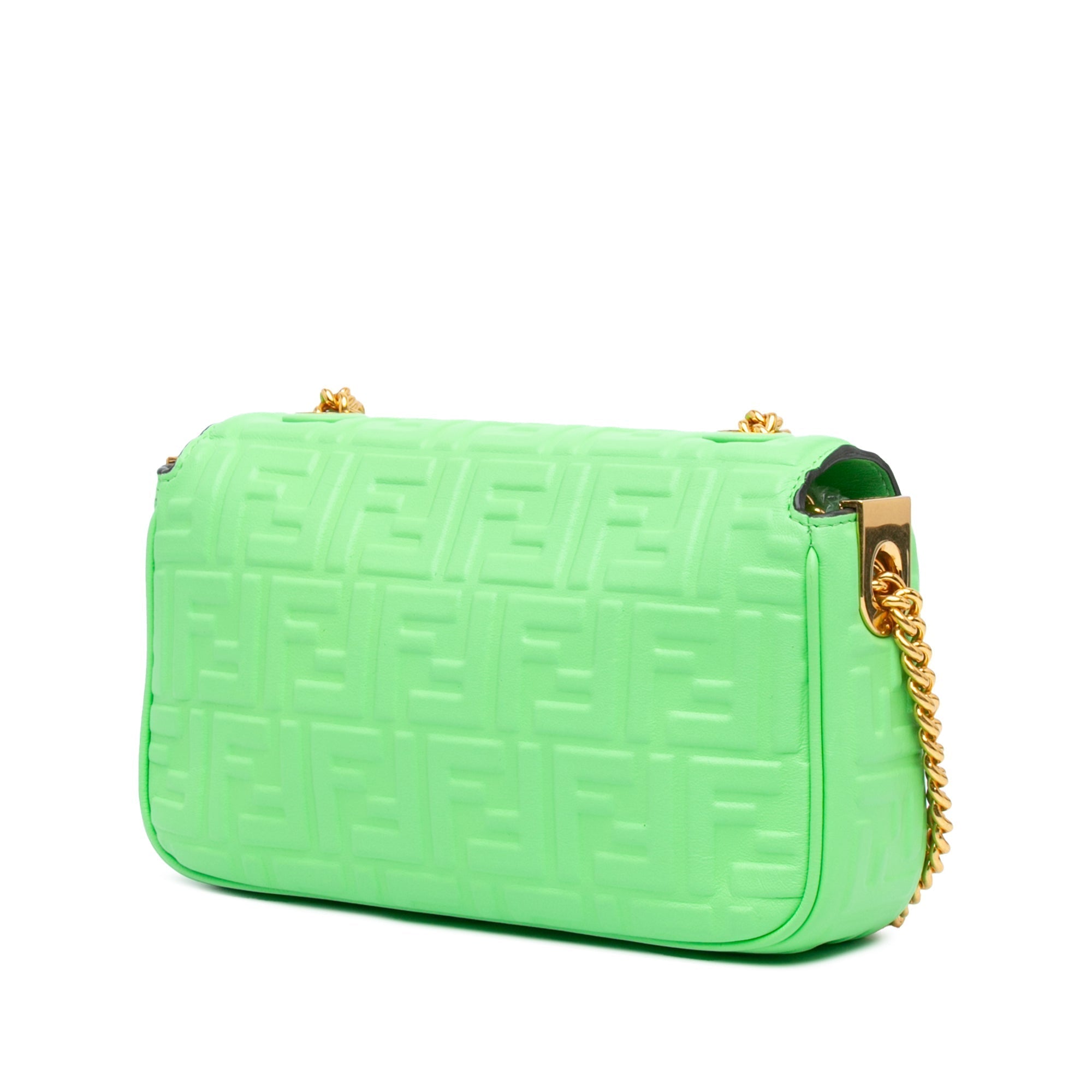 Green Fendi Zucca Embossed Leather Chain Midi Baguette Shoulder Bag