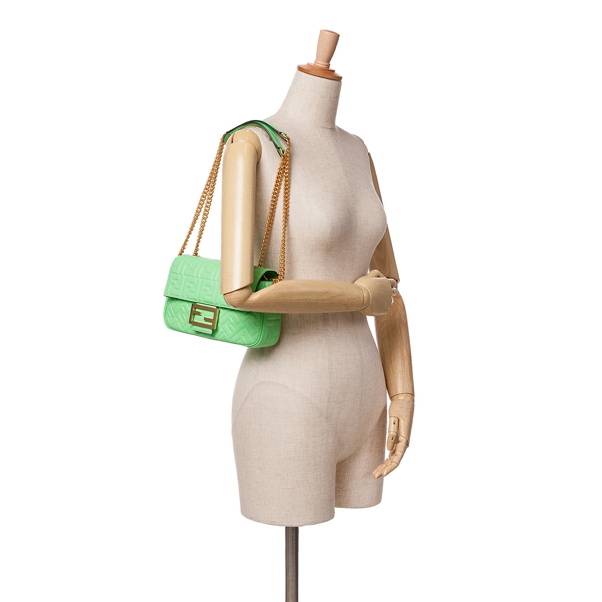 Green Fendi Zucca Embossed Leather Chain Midi Baguette Shoulder Bag