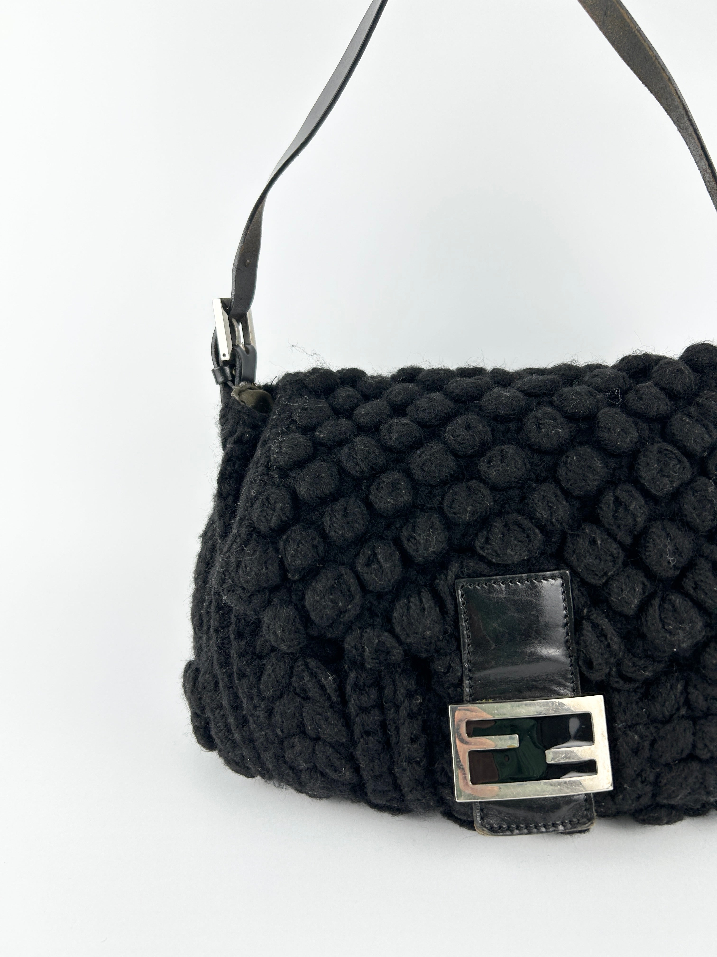 Vintage Fendi Black Crochet Bobble Knit Mamma Baguette Shoulder Bag
