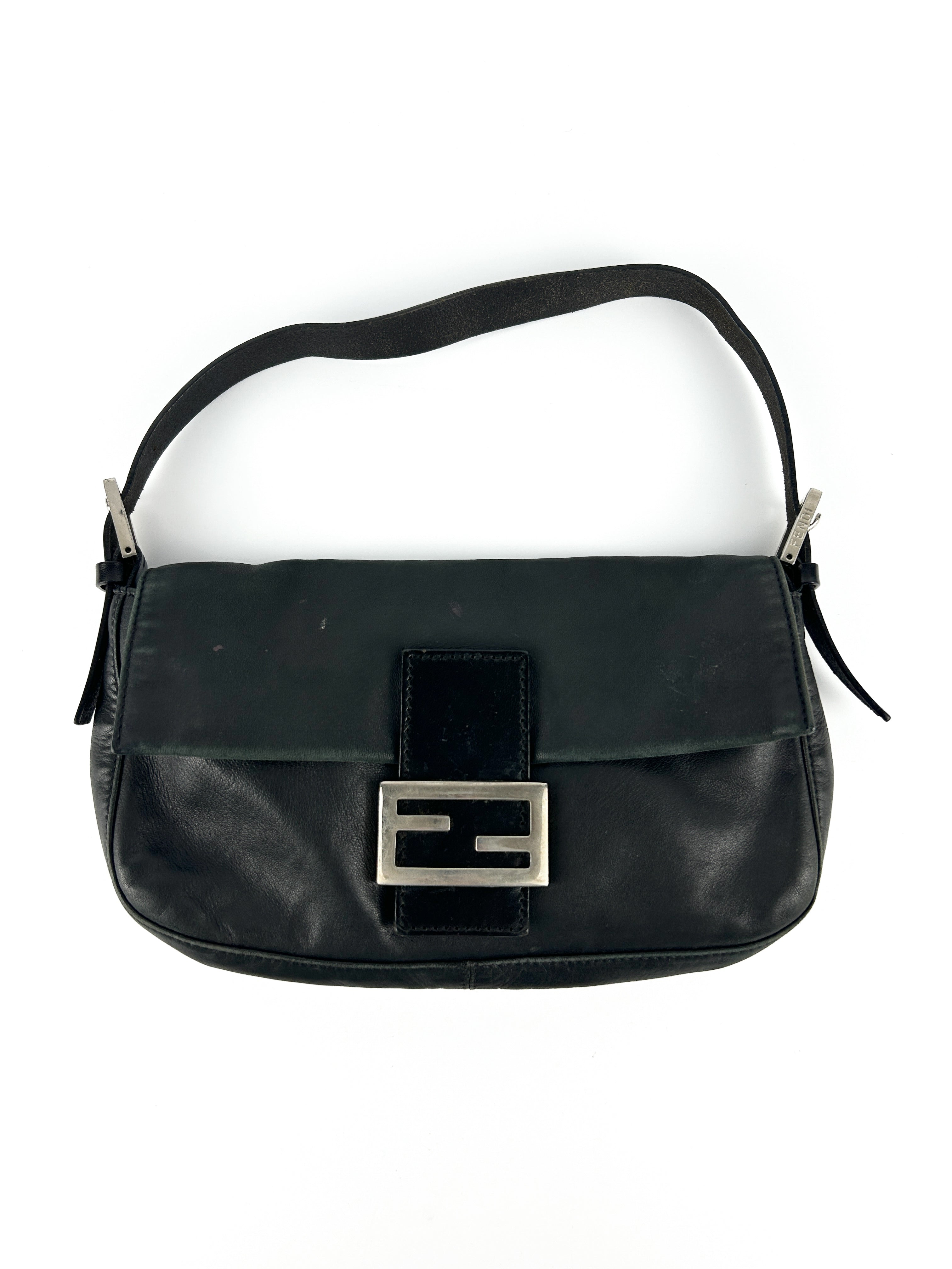 Vintage Fendi Black Leather Baguette Shoulder Bag