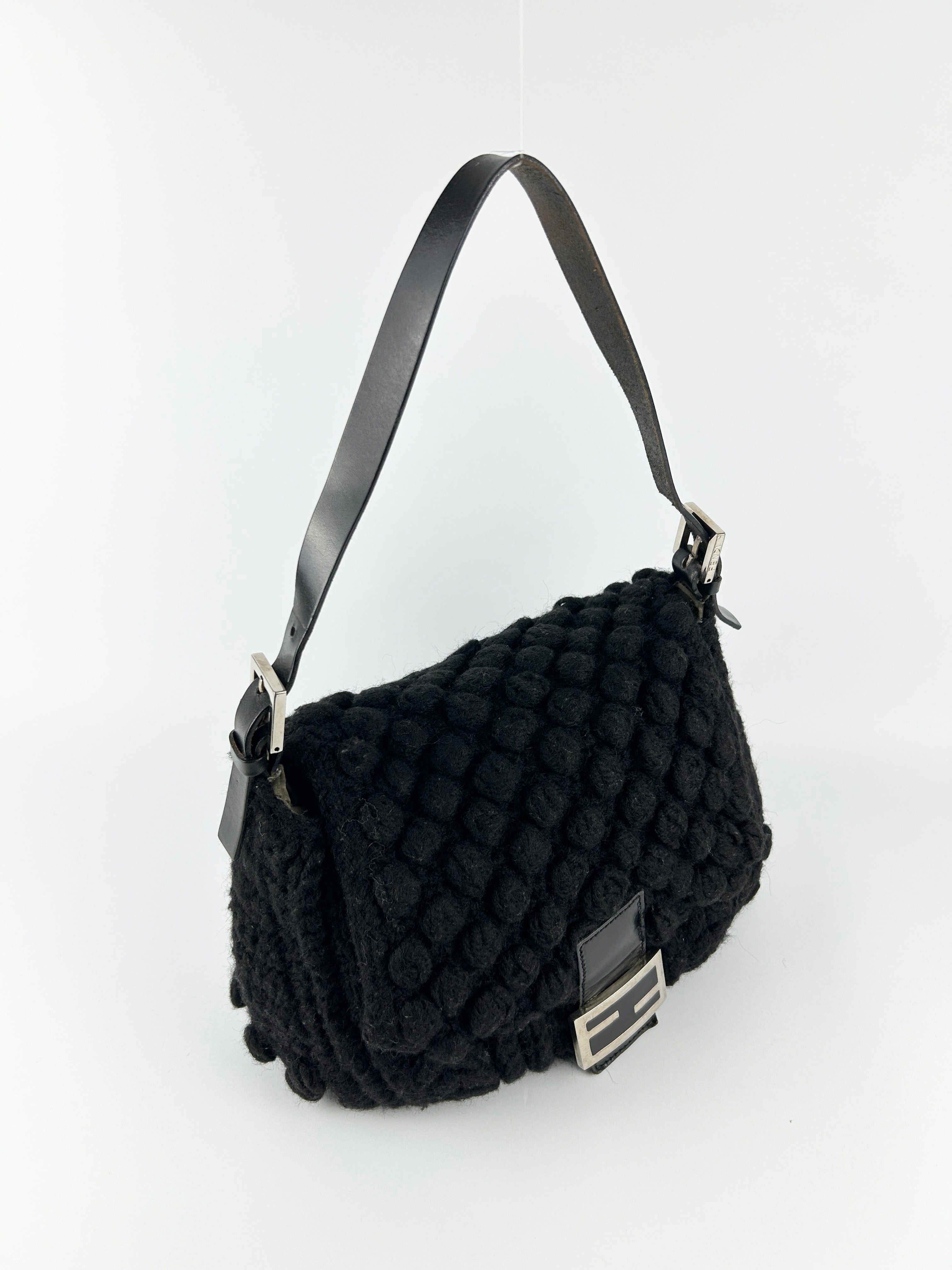 Vintage Fendi Black Crochet Bobble Knit Mamma Baguette Shoulder Bag