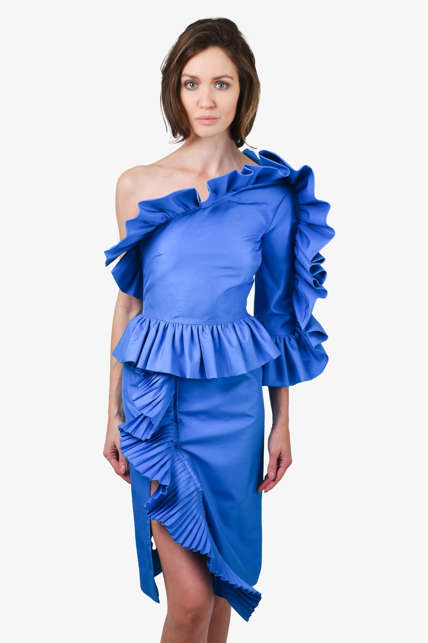 Gucci 2016 Blue Sequin Ruffle 'Modern' One-Shoulder Midi Dress Size 38