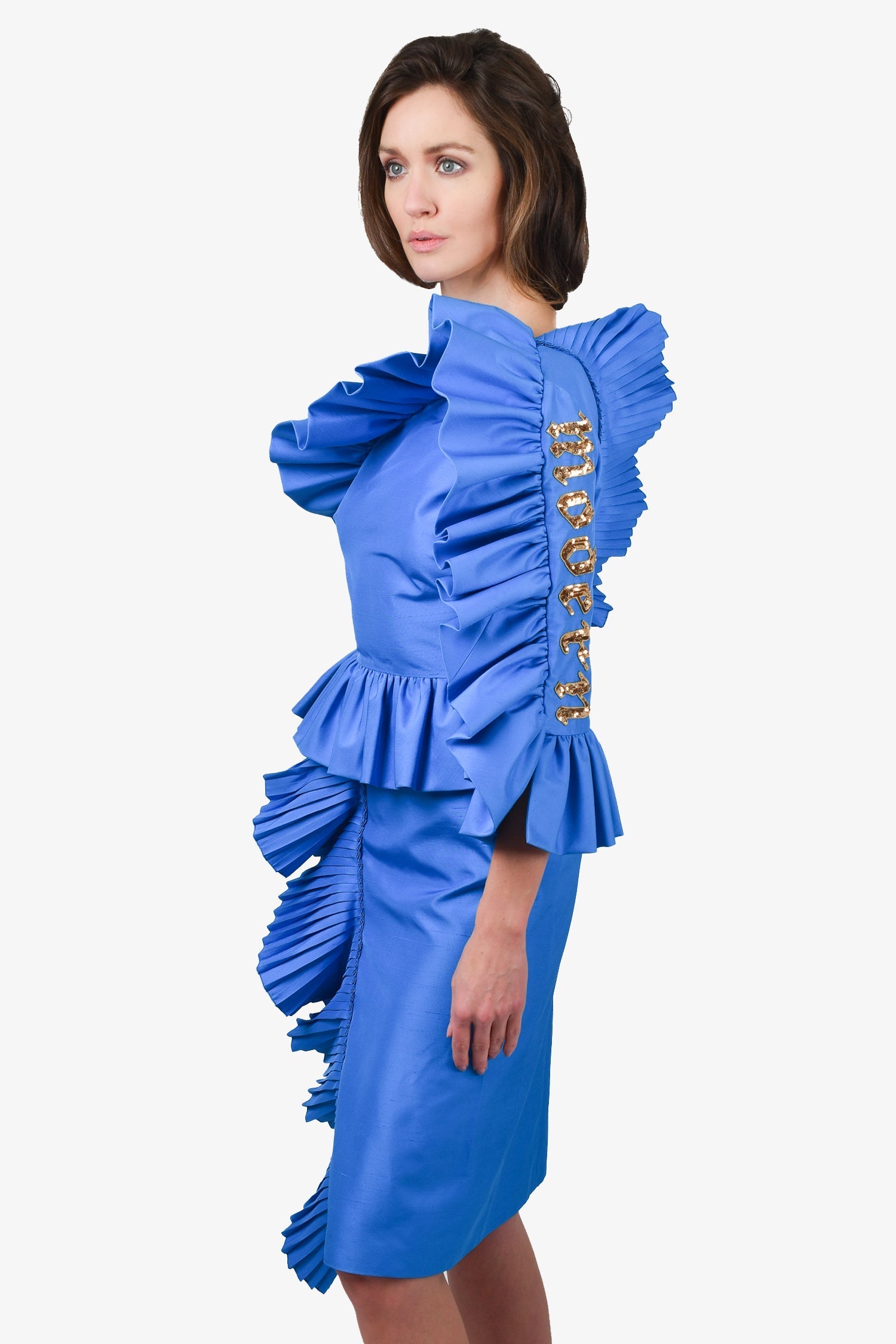 Gucci 2016 Blue Sequin Ruffle 'Modern' One-Shoulder Midi Dress Size 38