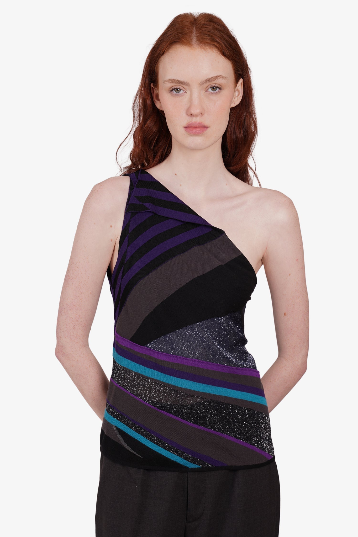 Gucci Purple/Multicolor Striped Glitter One Shoulder Top Size M