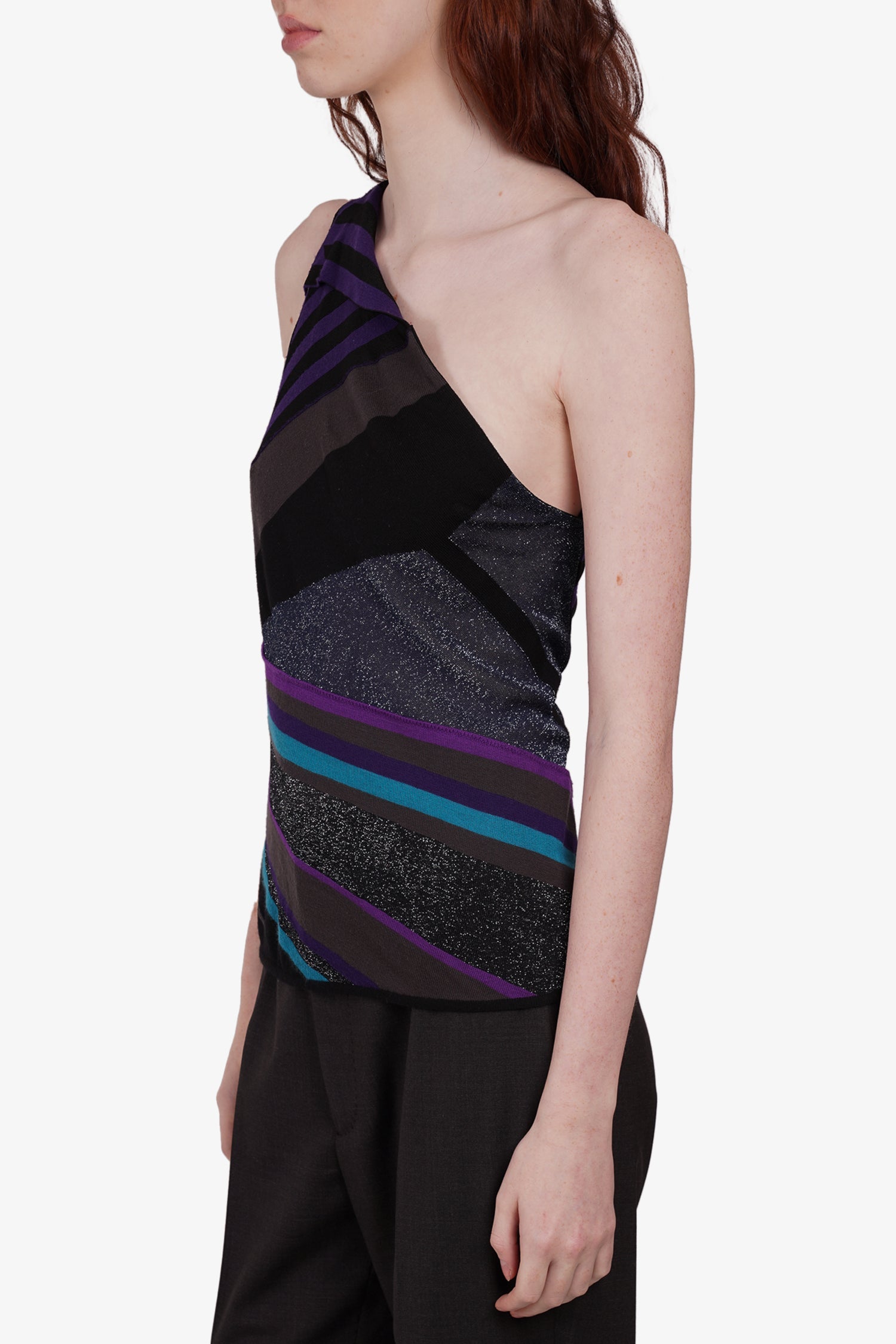 Gucci Purple/Multicolor Striped Glitter One Shoulder Top Size M