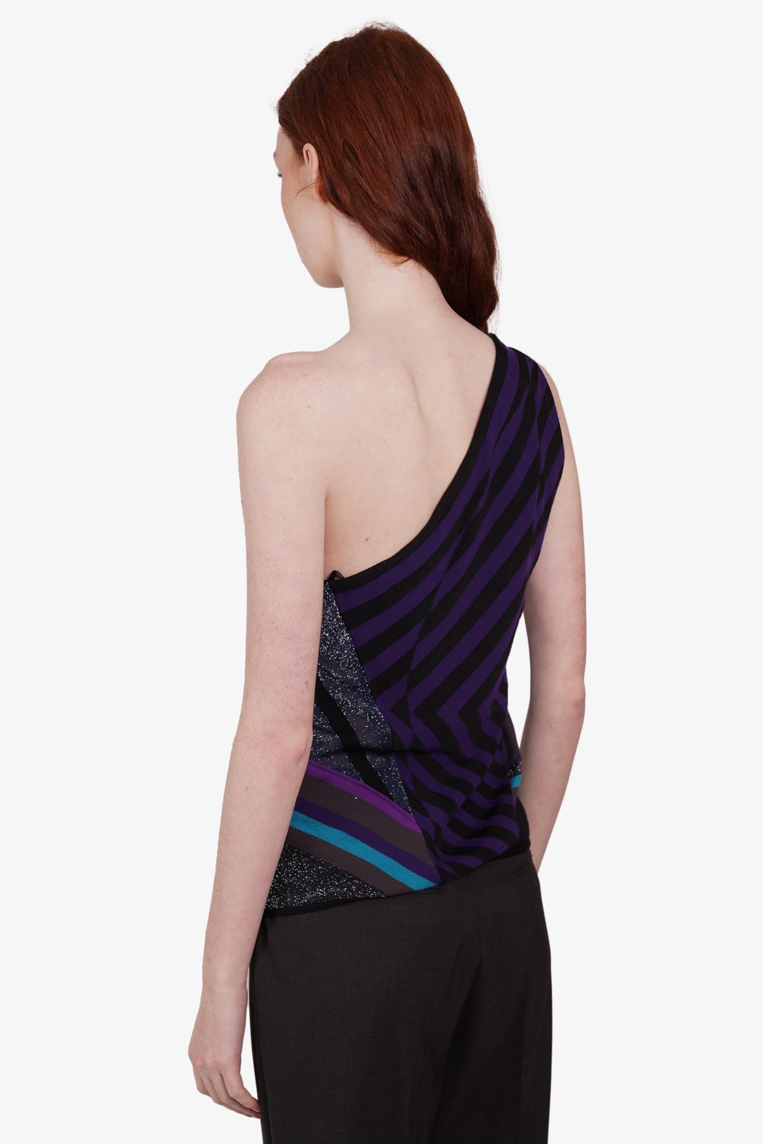 Gucci Purple/Multicolor Striped Glitter One Shoulder Top Size M