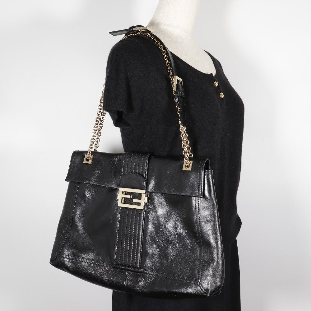 FENDI Tote Bag leather black 2WAYShoulder Chain tote Women Used