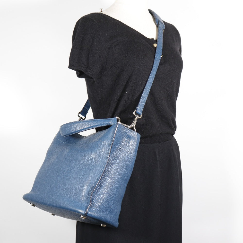 FENDI Shoulder Bag 8BT218 Calfskin Blue 2WAY Selleria Anna Small Bucket