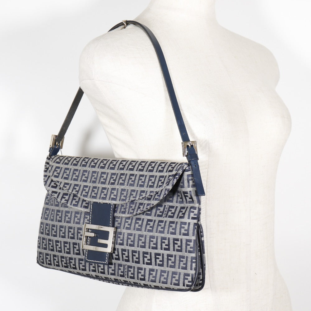 FENDI Shoulder Bag canvas Navy / Gray one belt Zucchino Women Used