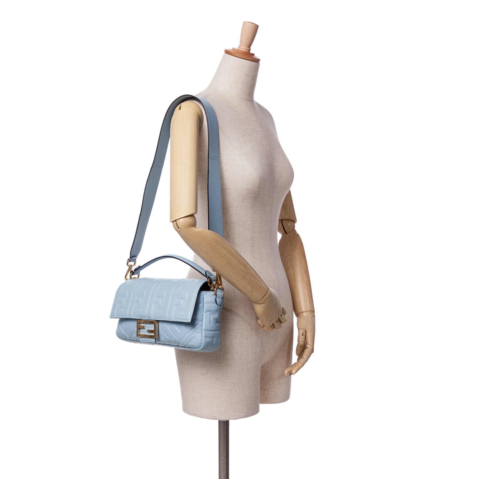 Blue Fendi Zucca Embossed Leather Baguette Satchel
