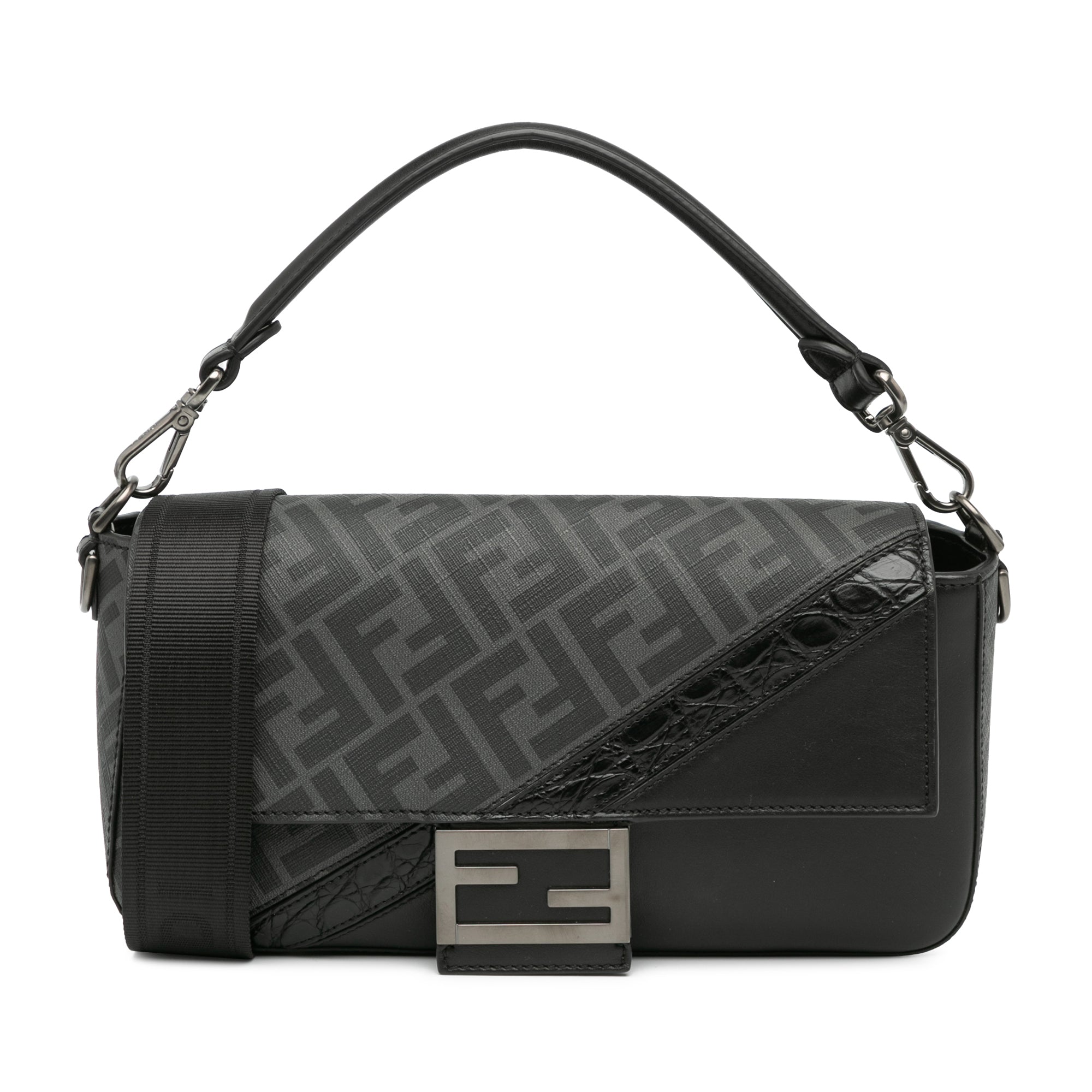 Black Fendi Zucca Coated Canvas And Calfskin Baguette Satchel