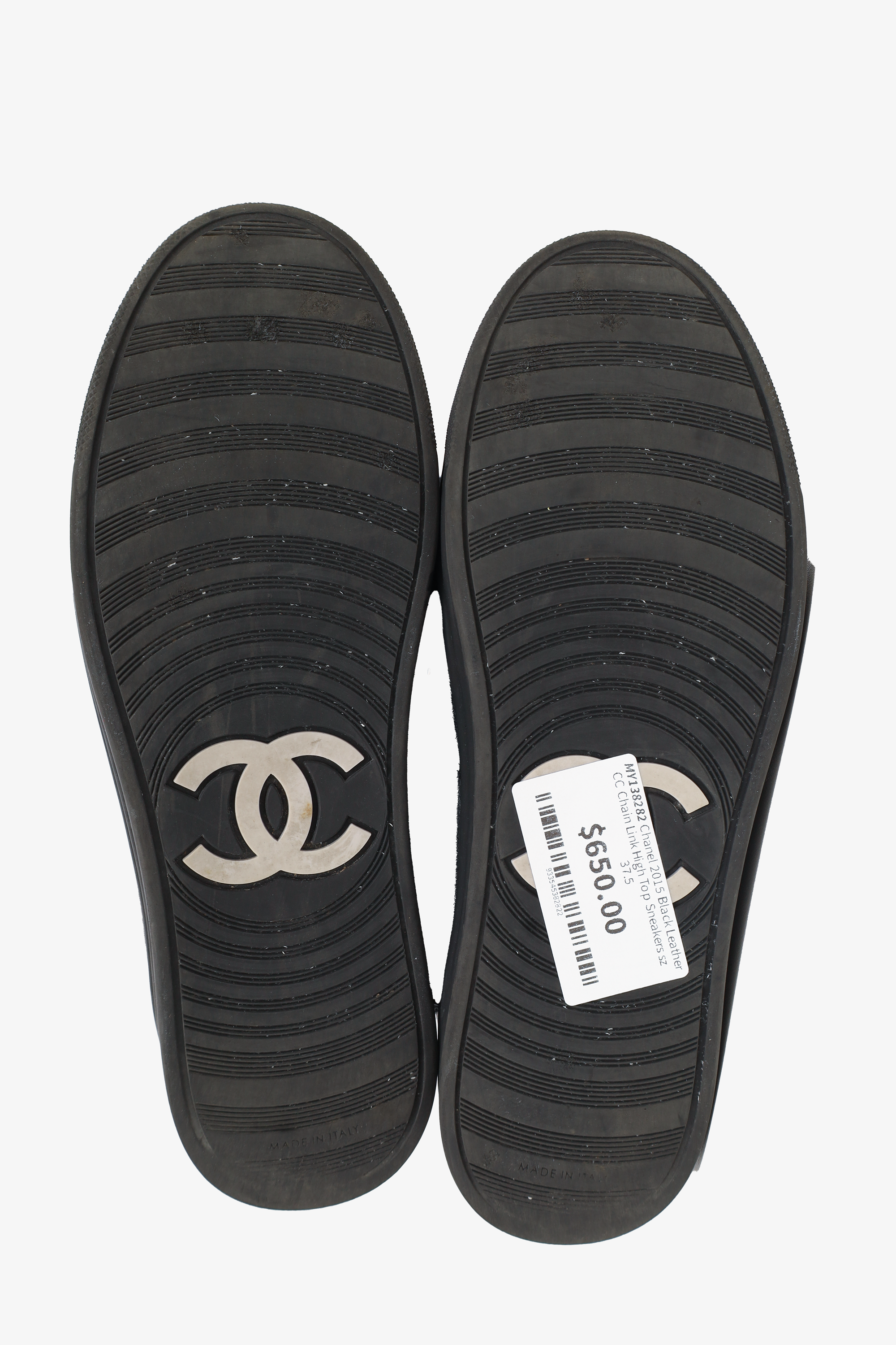 Chanel™ 2015 Black Leather CC Chain Link High Top Sneakers Size 37.5