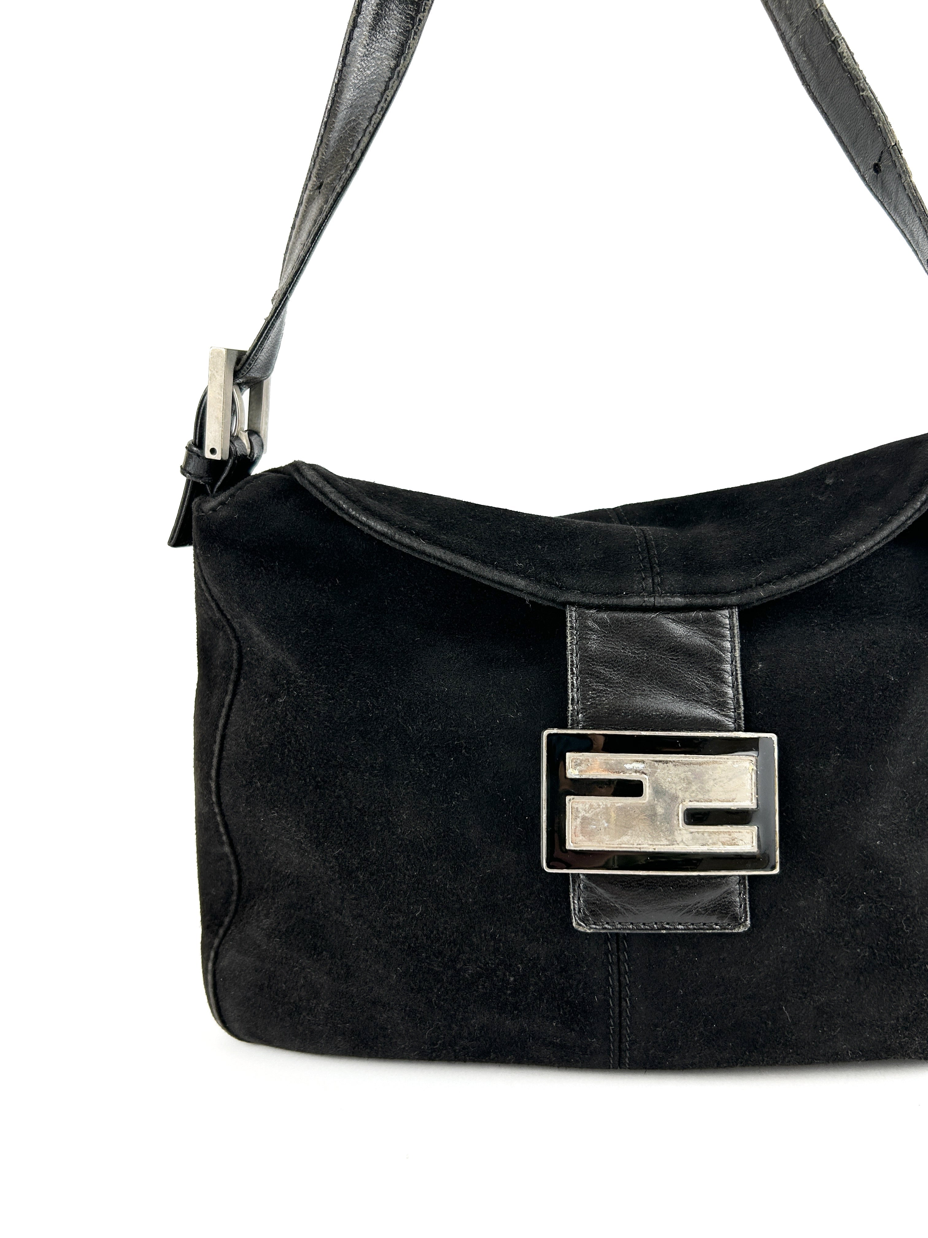 Vintage Fendi Black Suede Mamma Baguette Shoulder Bag