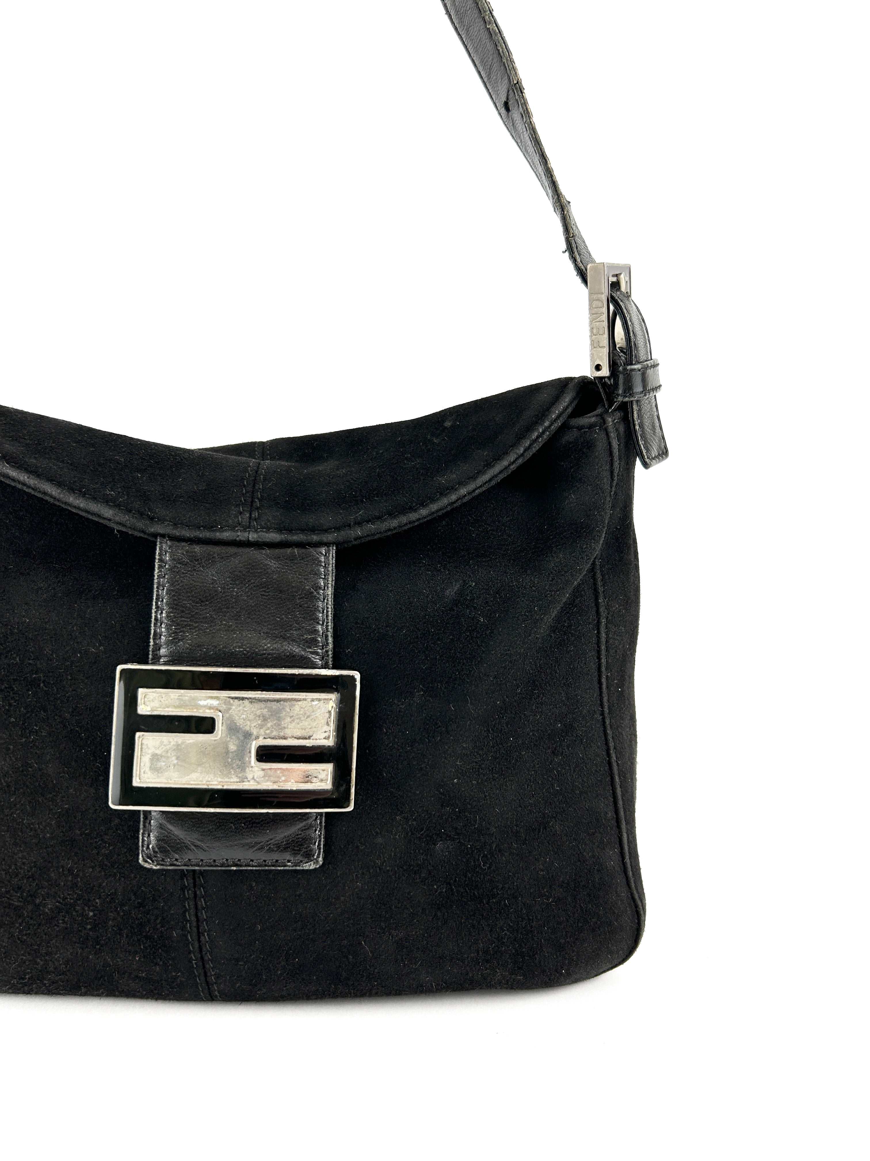 Vintage Fendi Black Suede Mamma Baguette Shoulder Bag