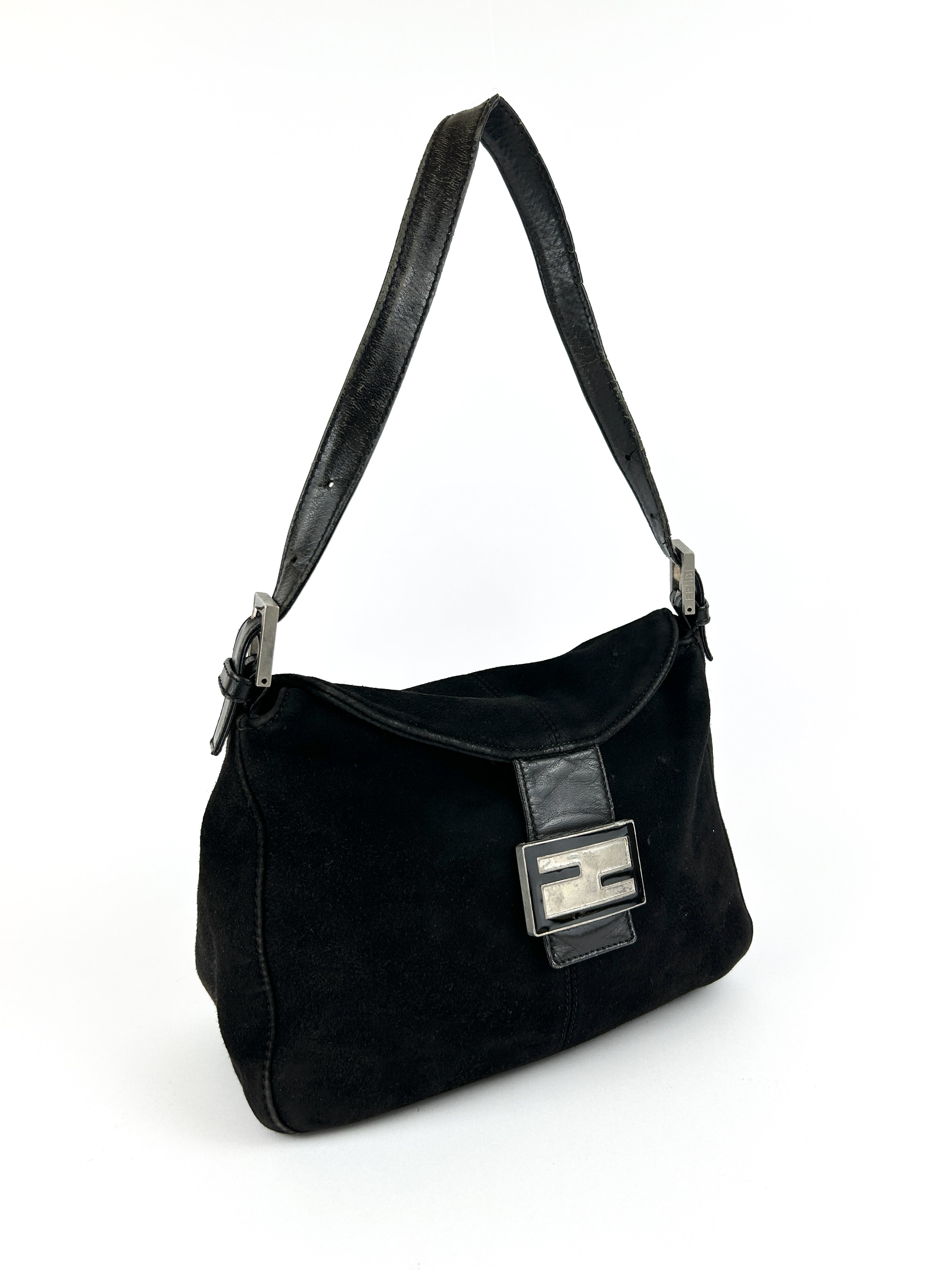 Vintage Fendi Black Suede Mamma Baguette Shoulder Bag