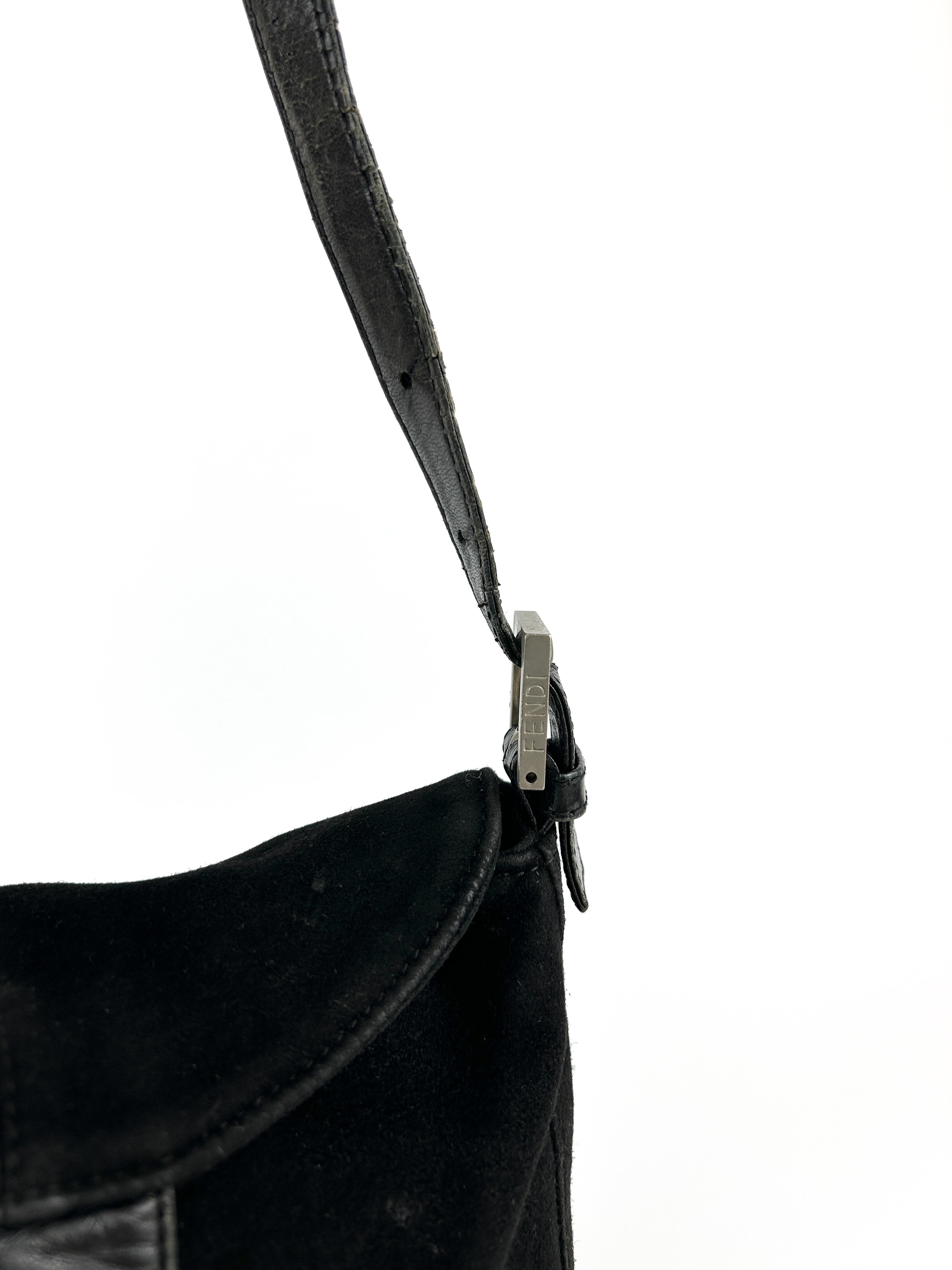 Vintage Fendi Black Suede Mamma Baguette Shoulder Bag