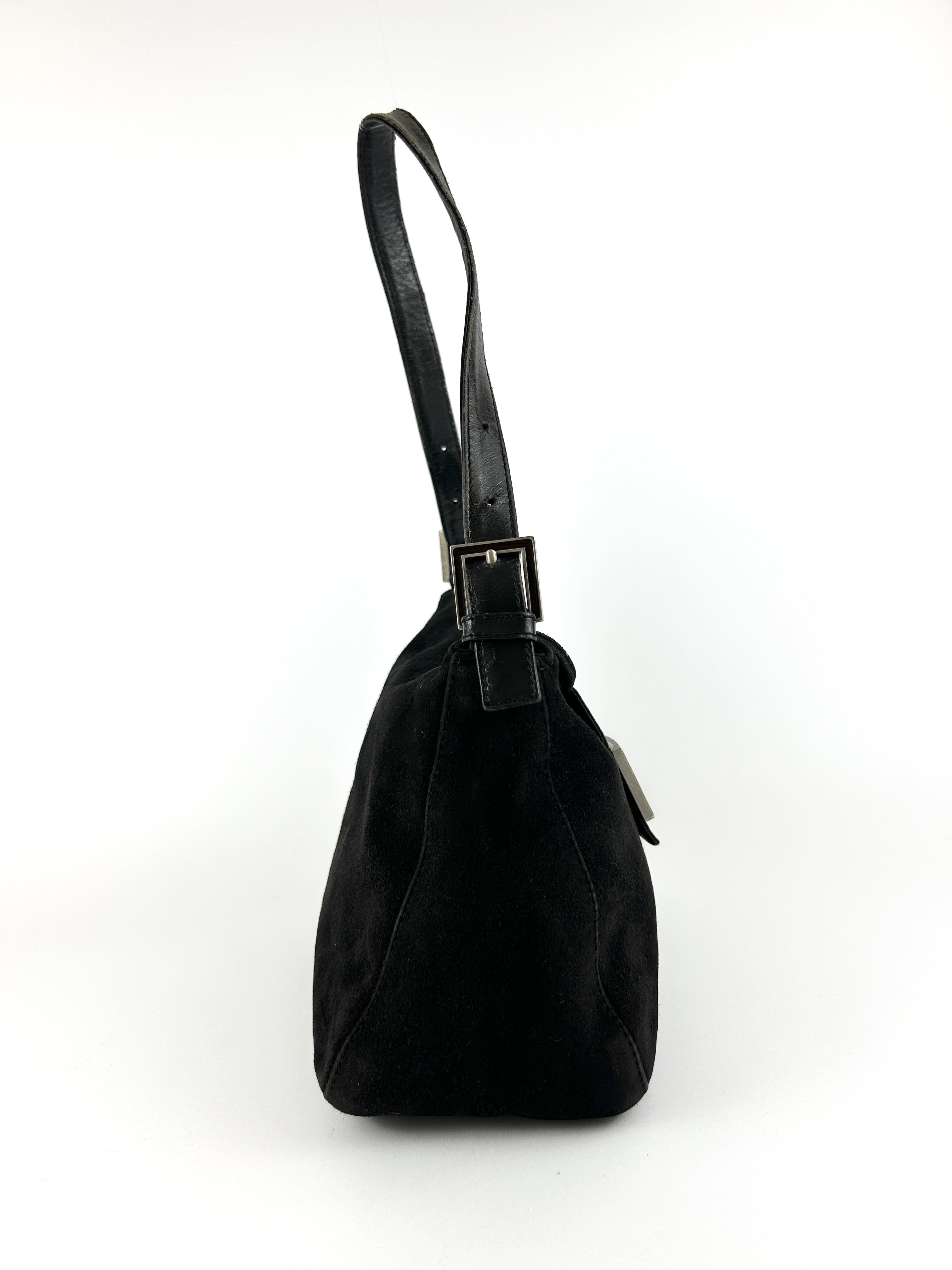 Vintage Fendi Black Suede Mamma Baguette Shoulder Bag