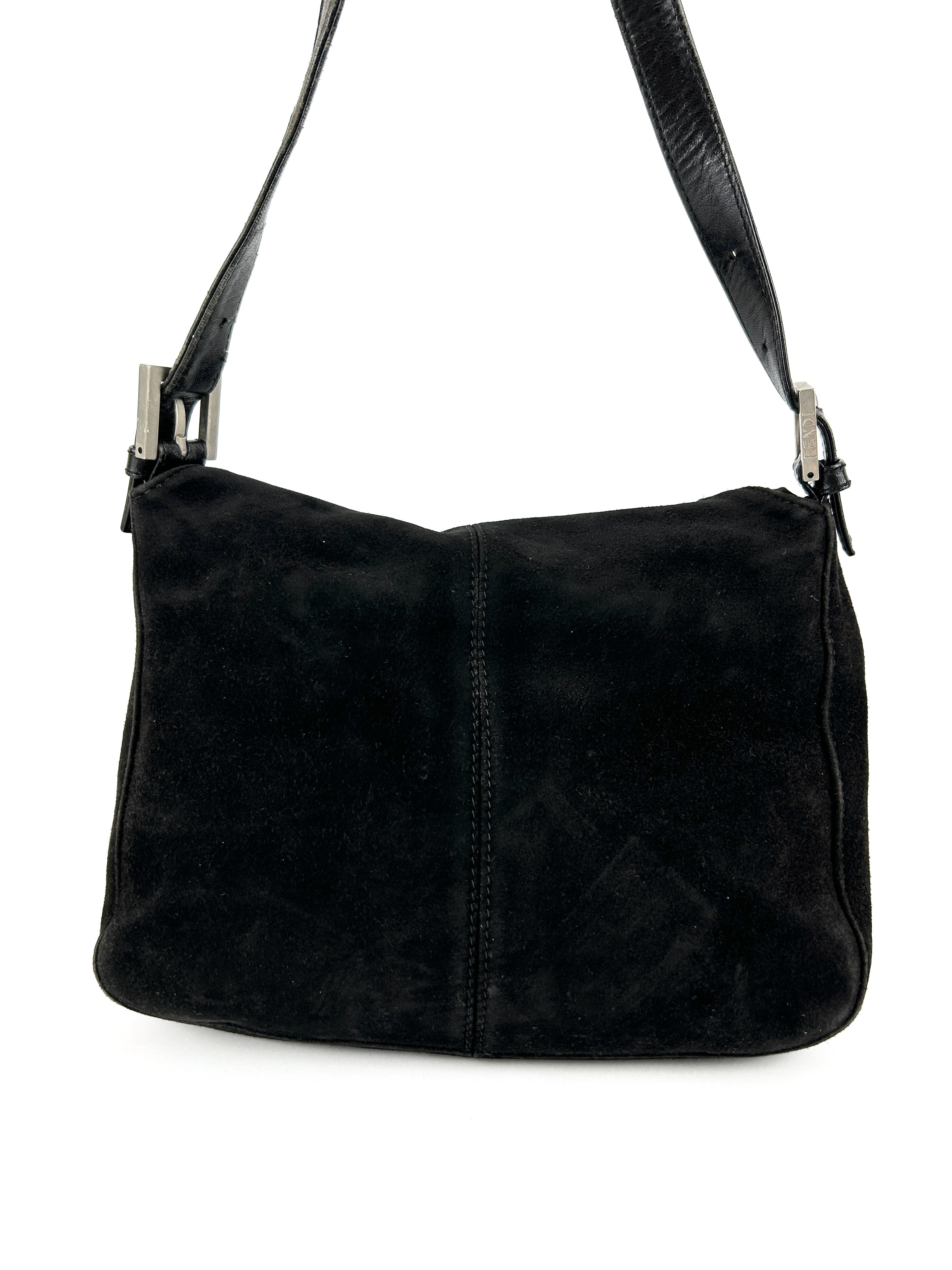 Vintage Fendi Black Suede Mamma Baguette Shoulder Bag