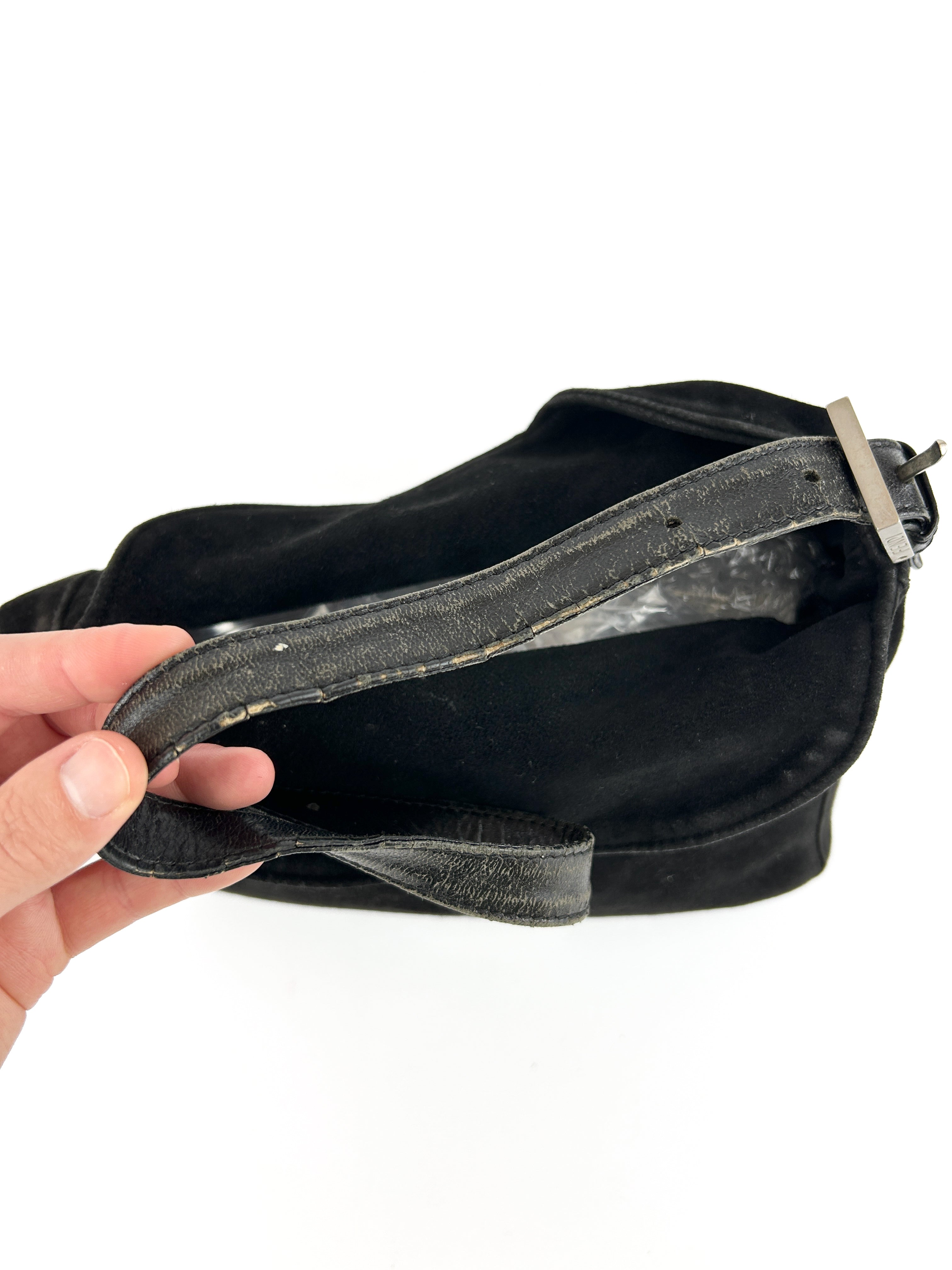 Vintage Fendi Black Suede Mamma Baguette Shoulder Bag