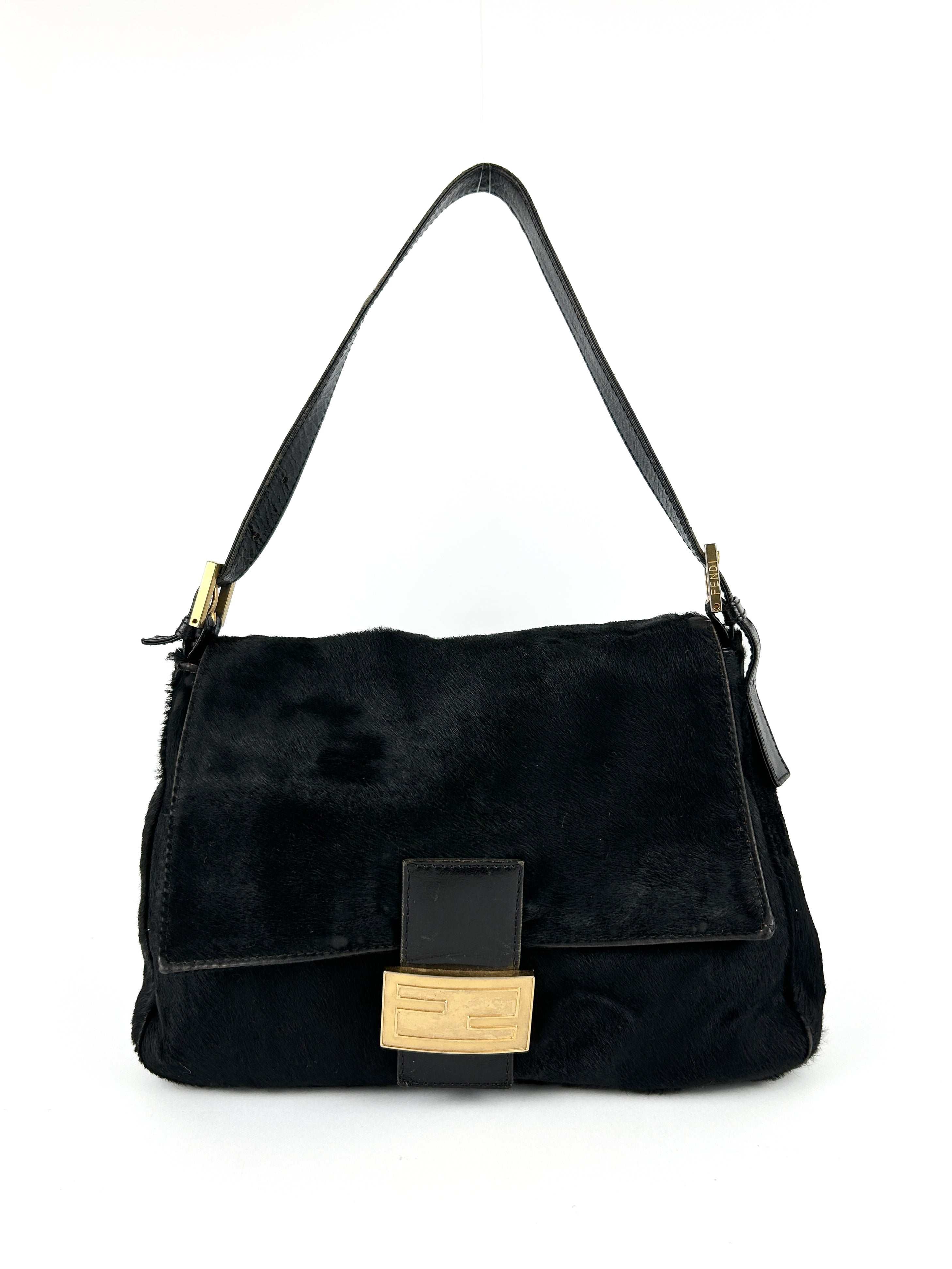 Vintage Fendi Black Pony Hair Mamma Baguette Shoulder Bag