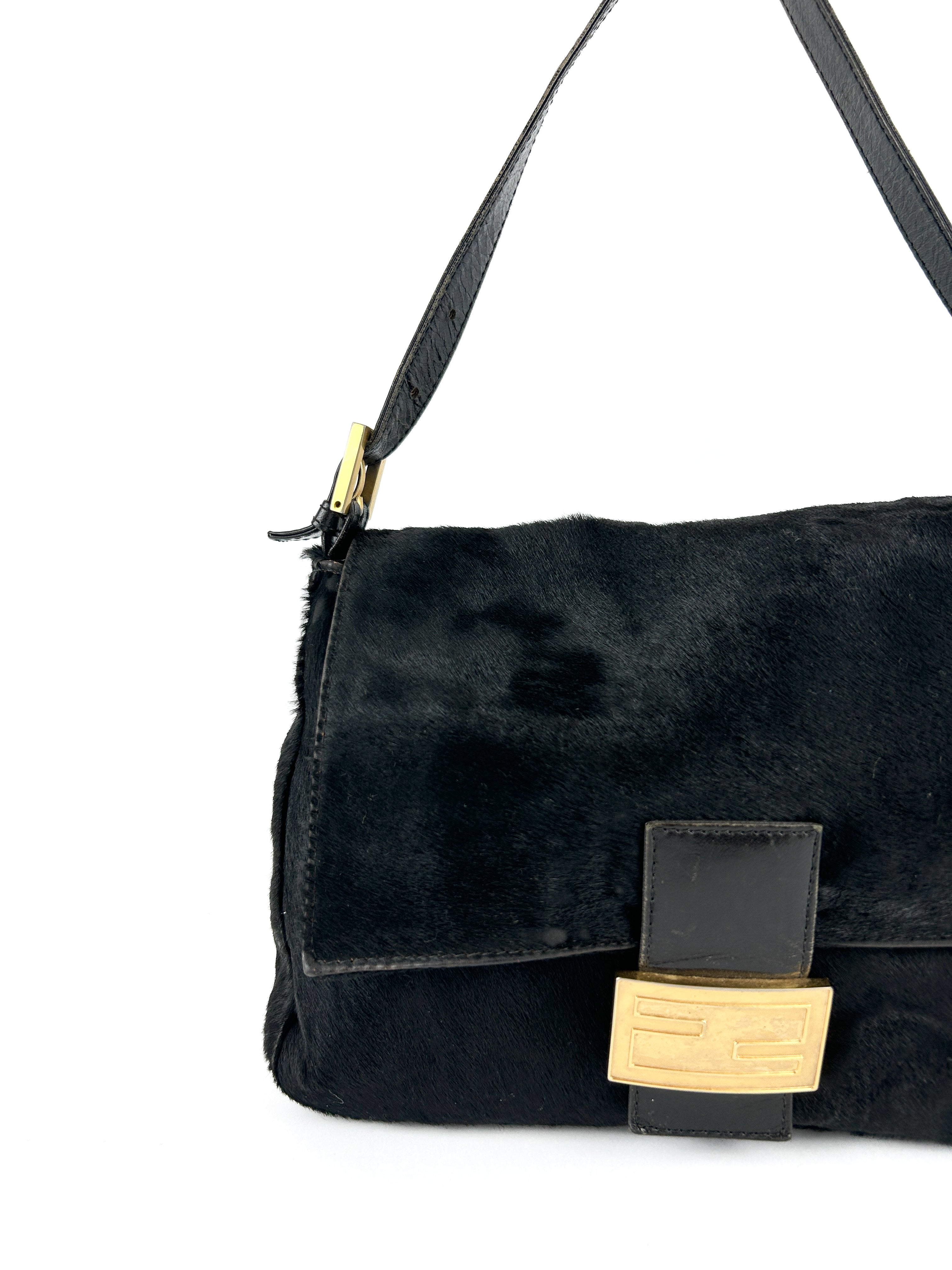 Vintage Fendi Black Pony Hair Mamma Baguette Shoulder Bag