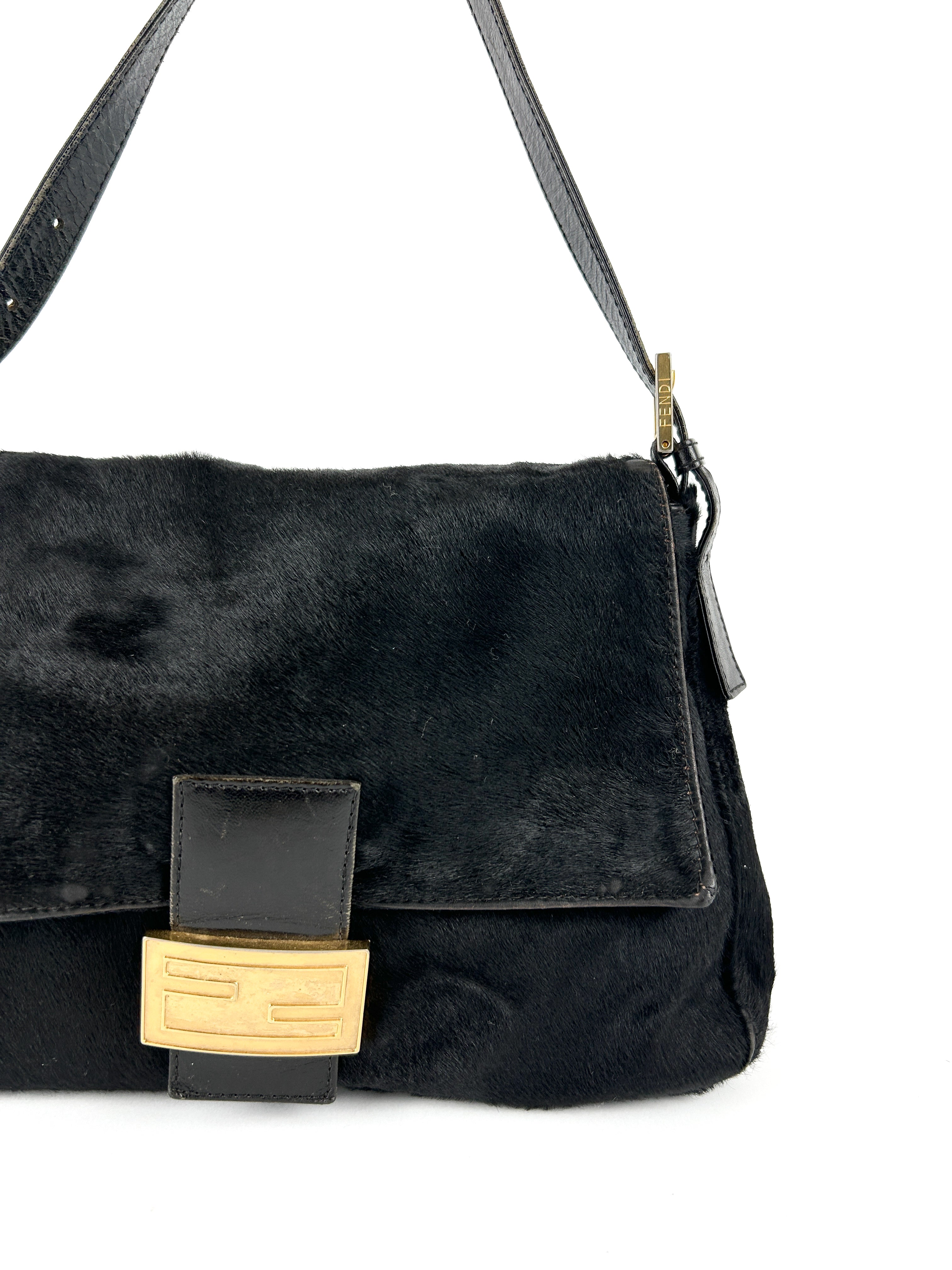 Vintage Fendi Black Pony Hair Mamma Baguette Shoulder Bag