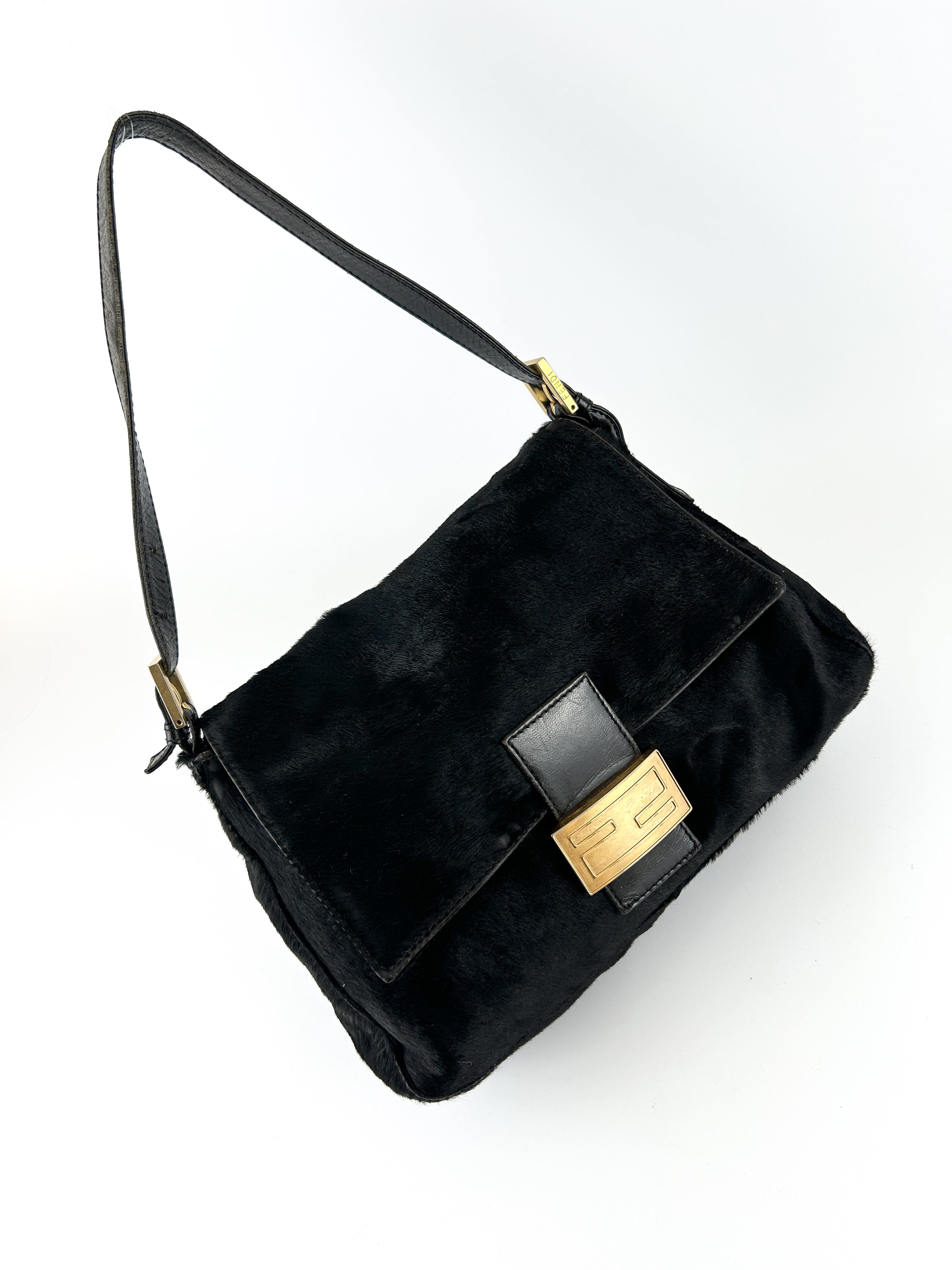 Vintage Fendi Black Pony Hair Mamma Baguette Shoulder Bag