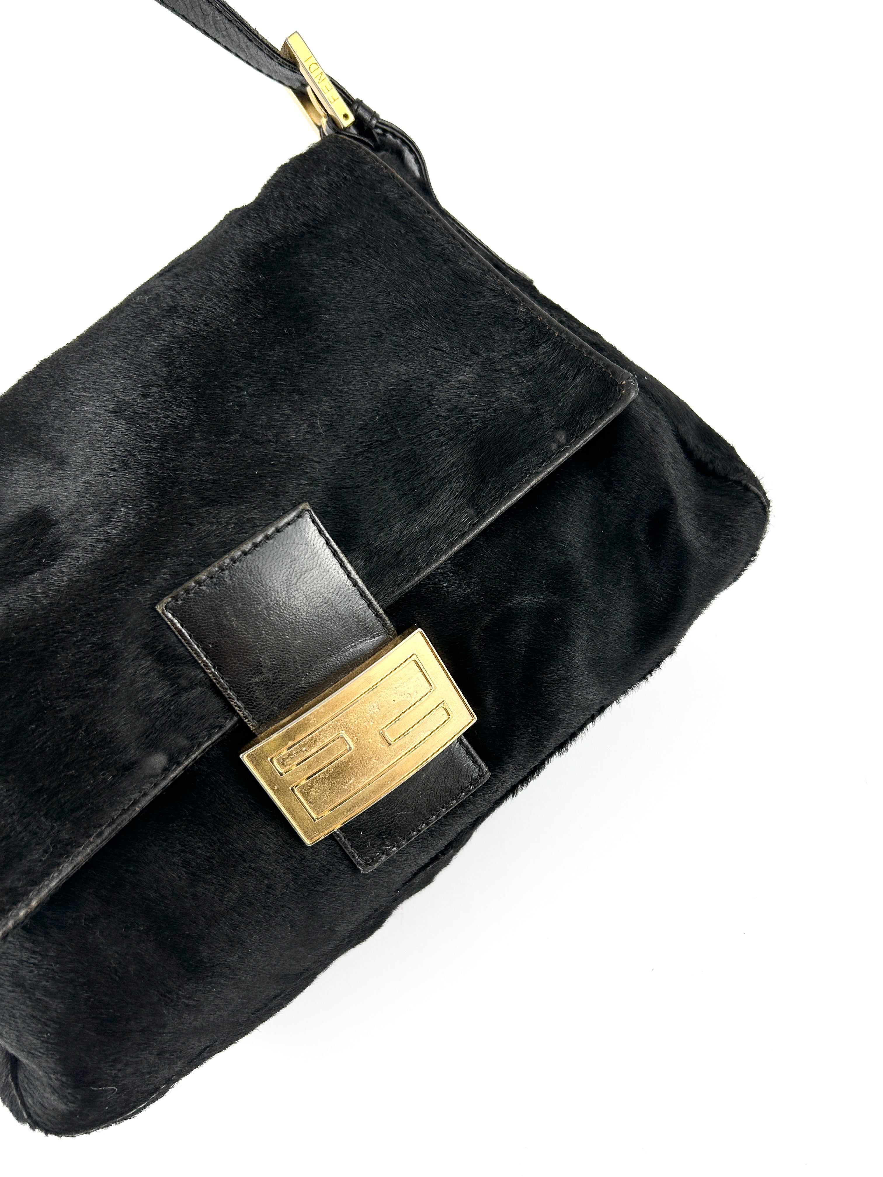 Vintage Fendi Black Pony Hair Mamma Baguette Shoulder Bag