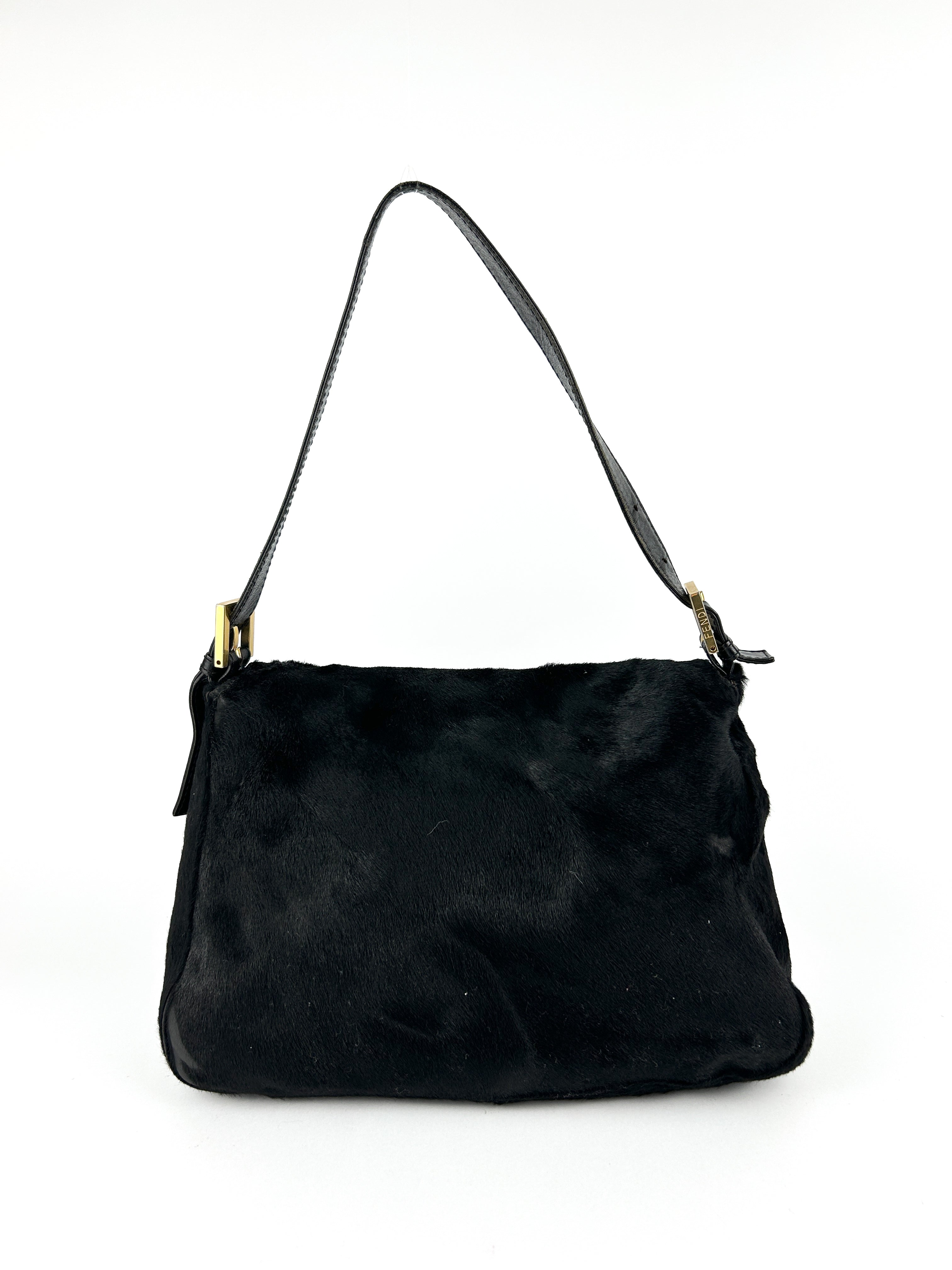 Vintage Fendi Black Pony Hair Mamma Baguette Shoulder Bag