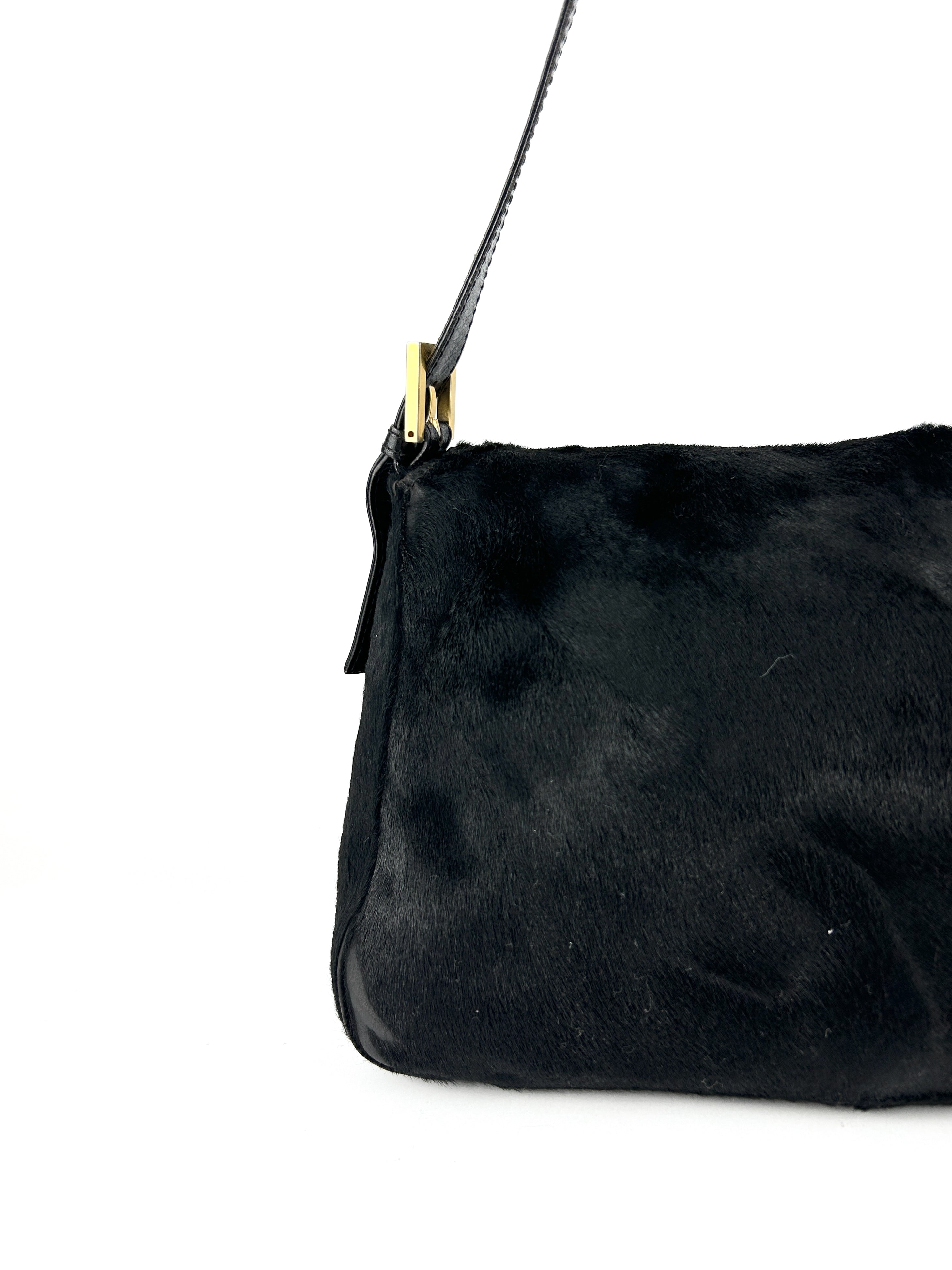 Vintage Fendi Black Pony Hair Mamma Baguette Shoulder Bag