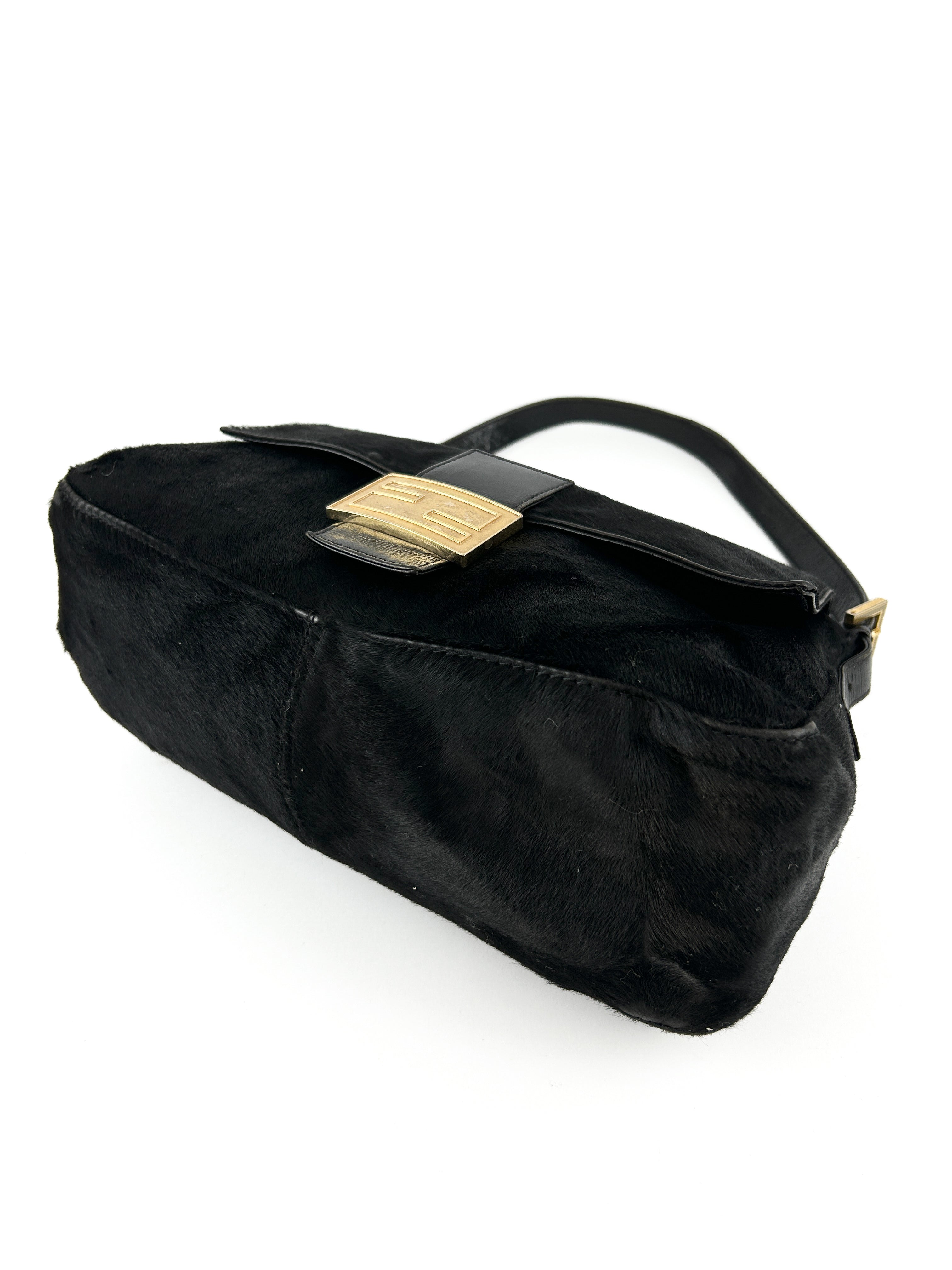 Vintage Fendi Black Pony Hair Mamma Baguette Shoulder Bag