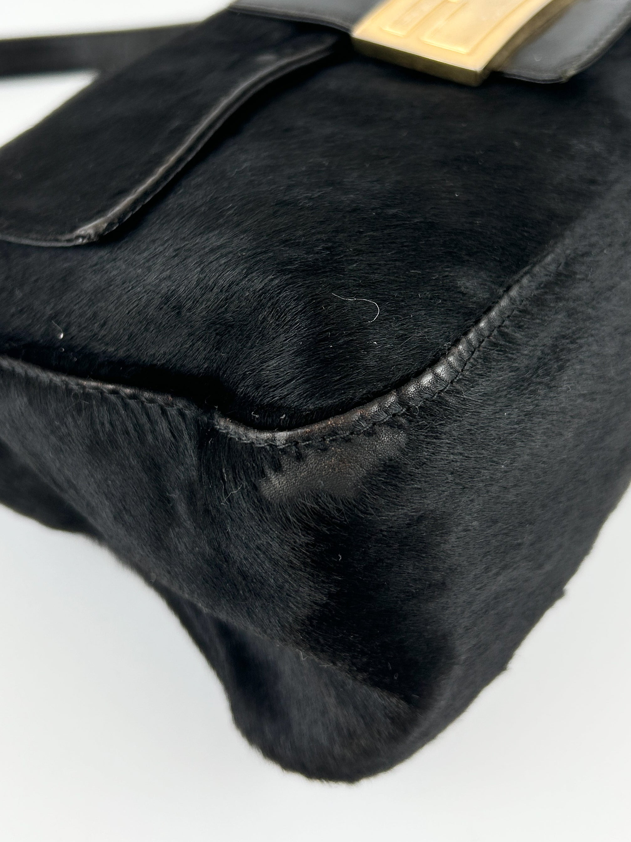 Vintage Fendi Black Pony Hair Mamma Baguette Shoulder Bag