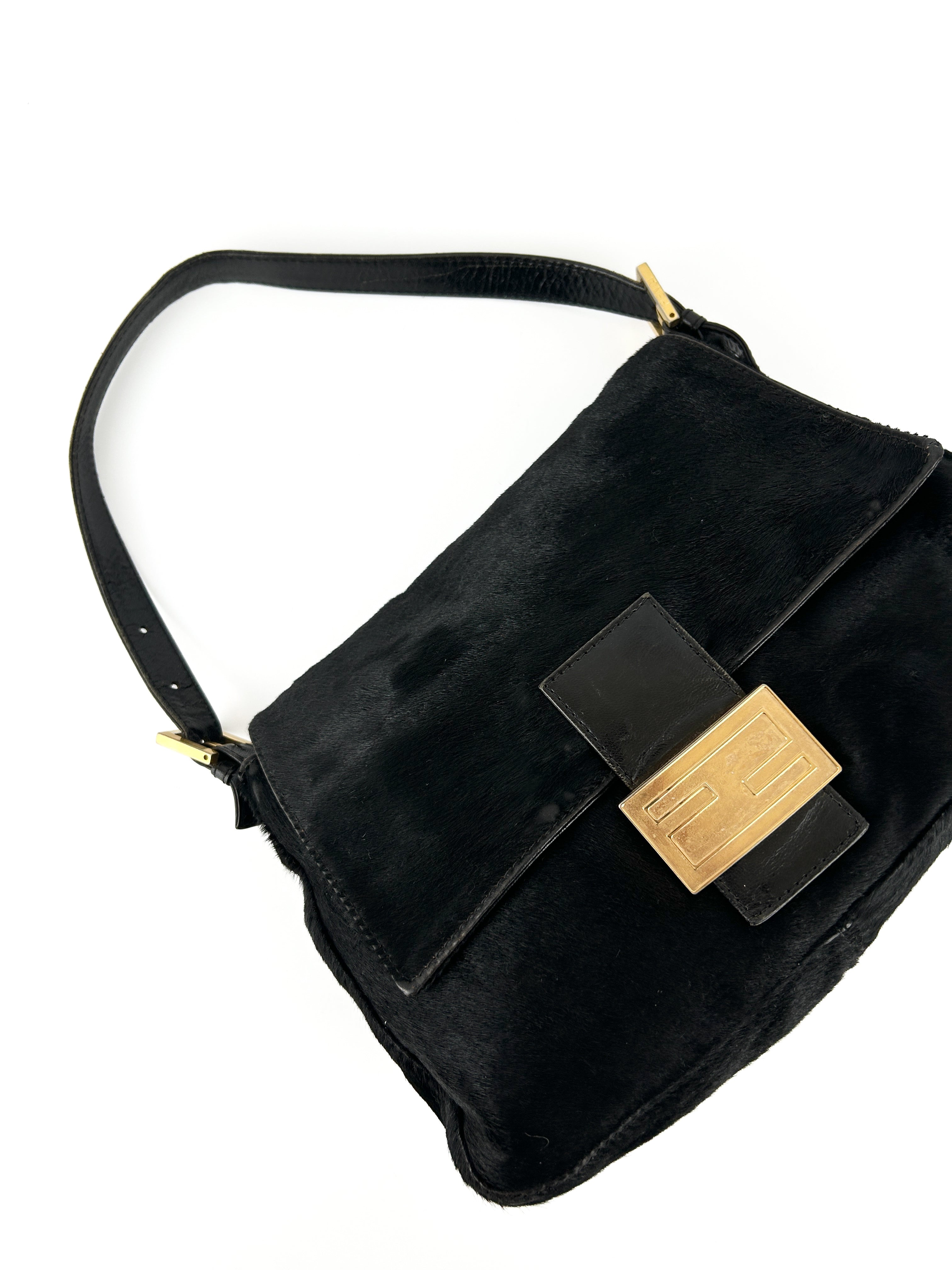 Vintage Fendi Black Pony Hair Mamma Baguette Shoulder Bag