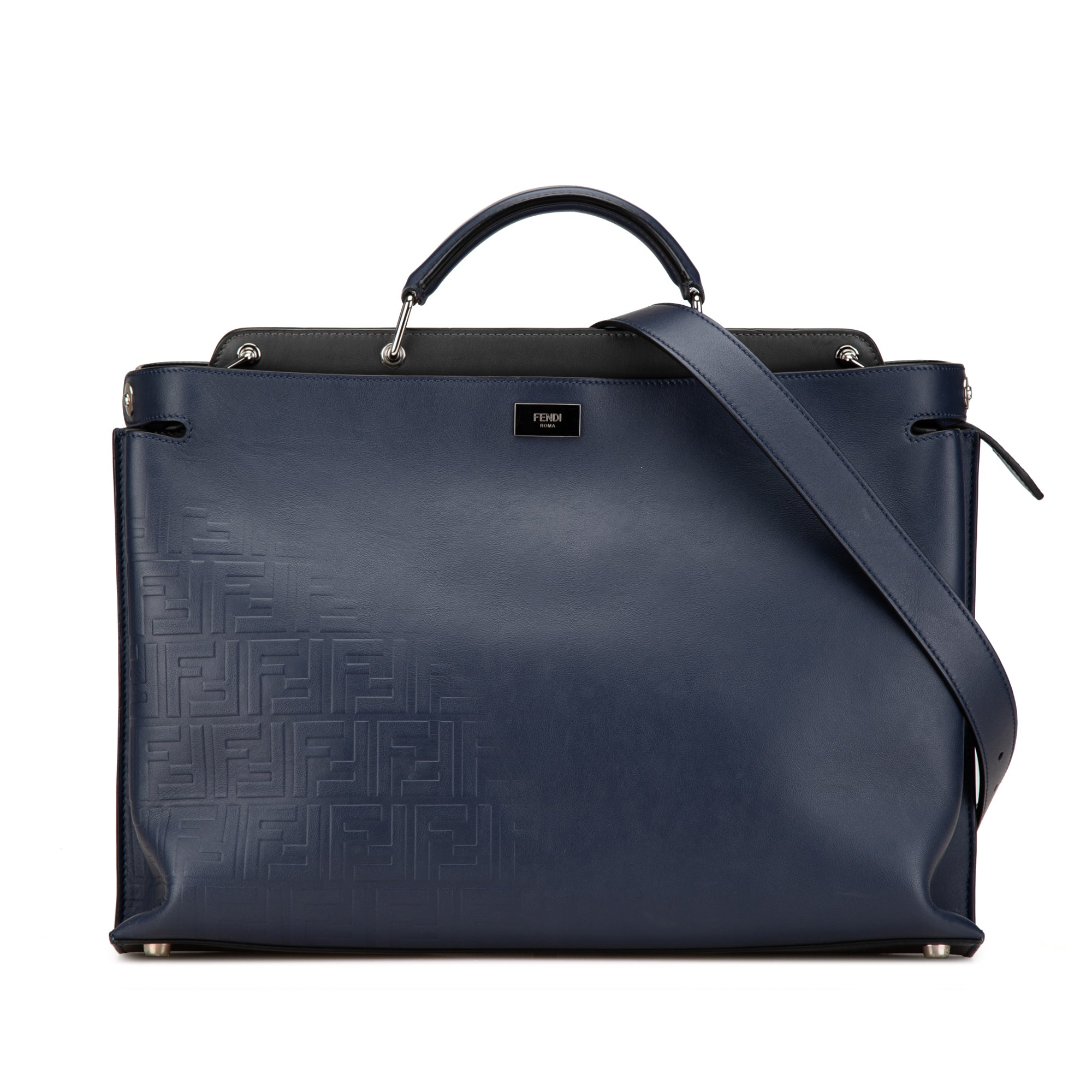 Blue Fendi Large Zucca Embossed Leather Peekaboo Iconic Essential Satchel