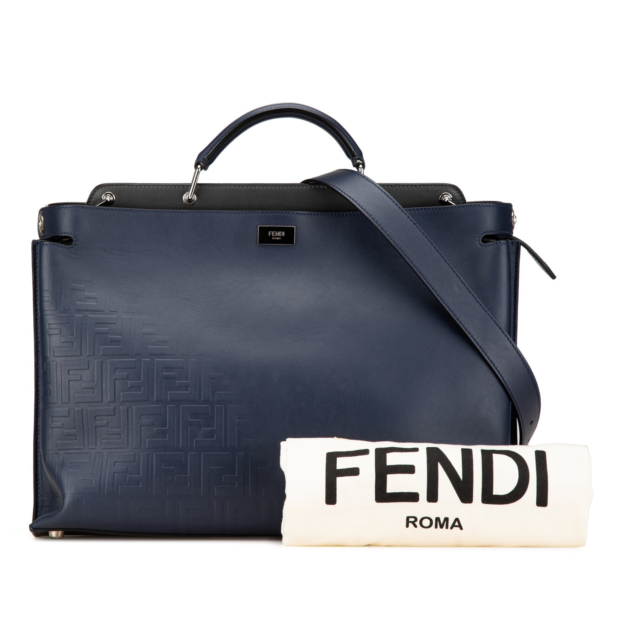 Blue Fendi Large Zucca Embossed Leather Peekaboo Iconic Essential Satchel