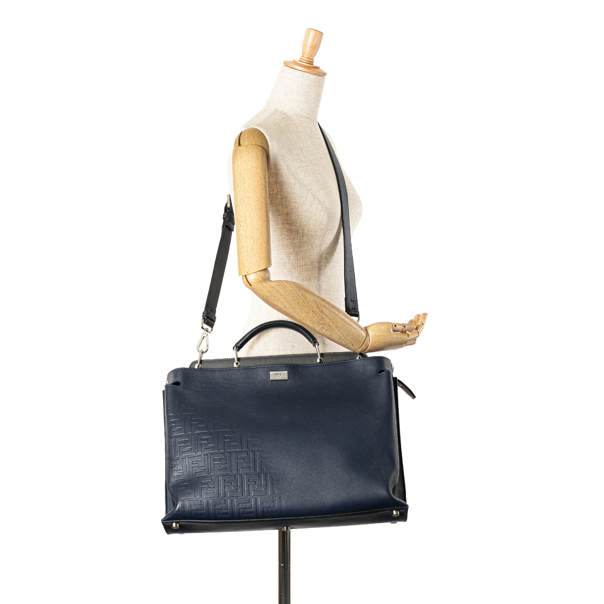 Blue Fendi Large Zucca Embossed Leather Peekaboo Iconic Essential Satchel
