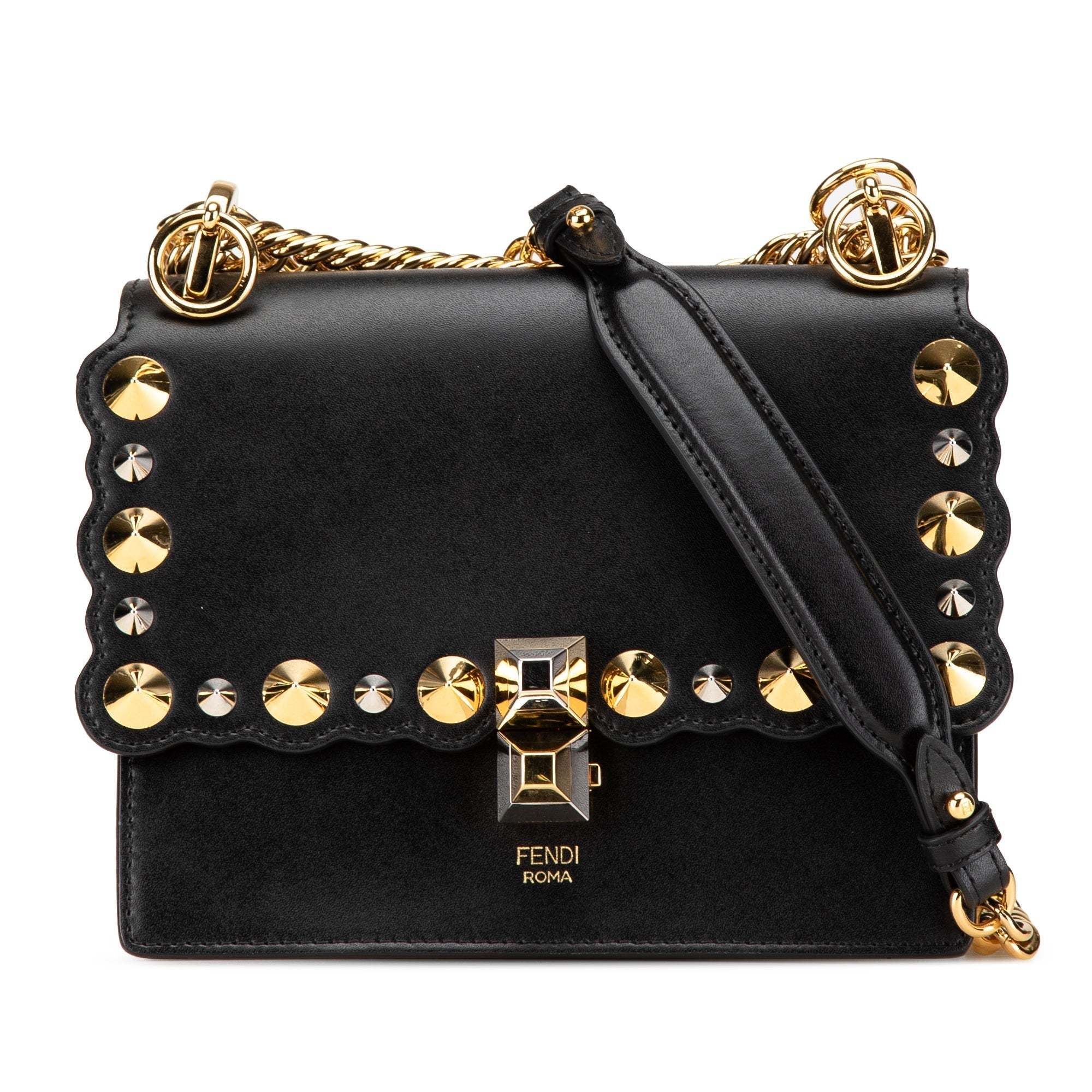 Black Fendi Small Scalloped Studded Leather Kan I Crossbody