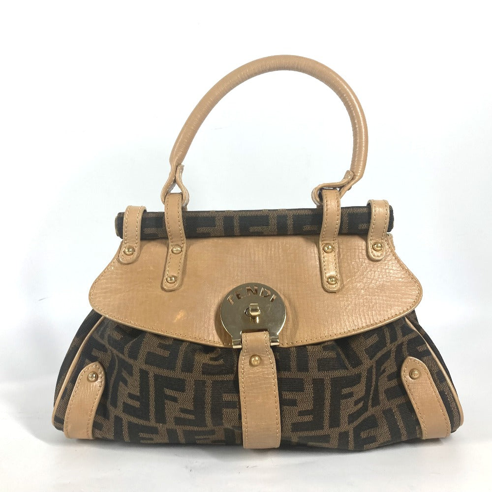 FENDI Handbag Leather / canvas Brown Turn lock Zucca Women Used