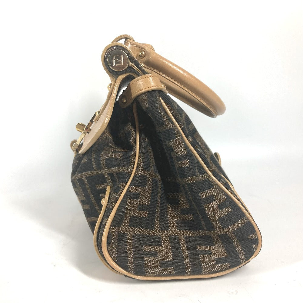 FENDI Handbag Leather / canvas Brown Turn lock Zucca Women Used