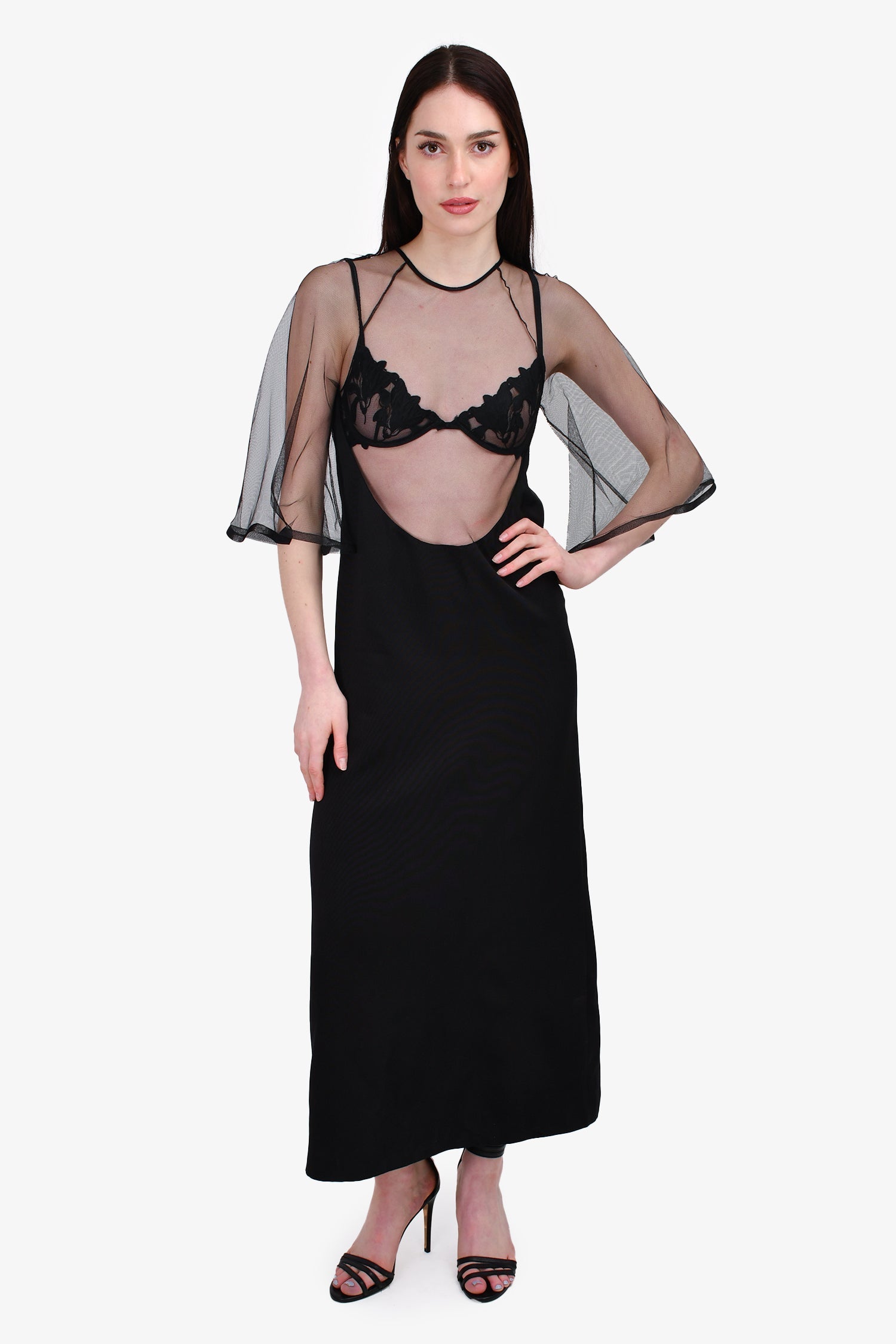 Gucci 2020 Black Silk Tulle Sleeve Long Dress Size 40 (As Is)