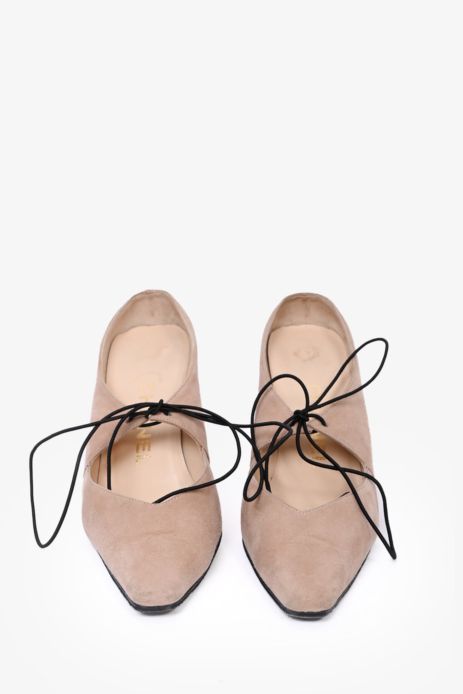 Chanel™ Beige Suede Lace Up Pointed Heels Size 35