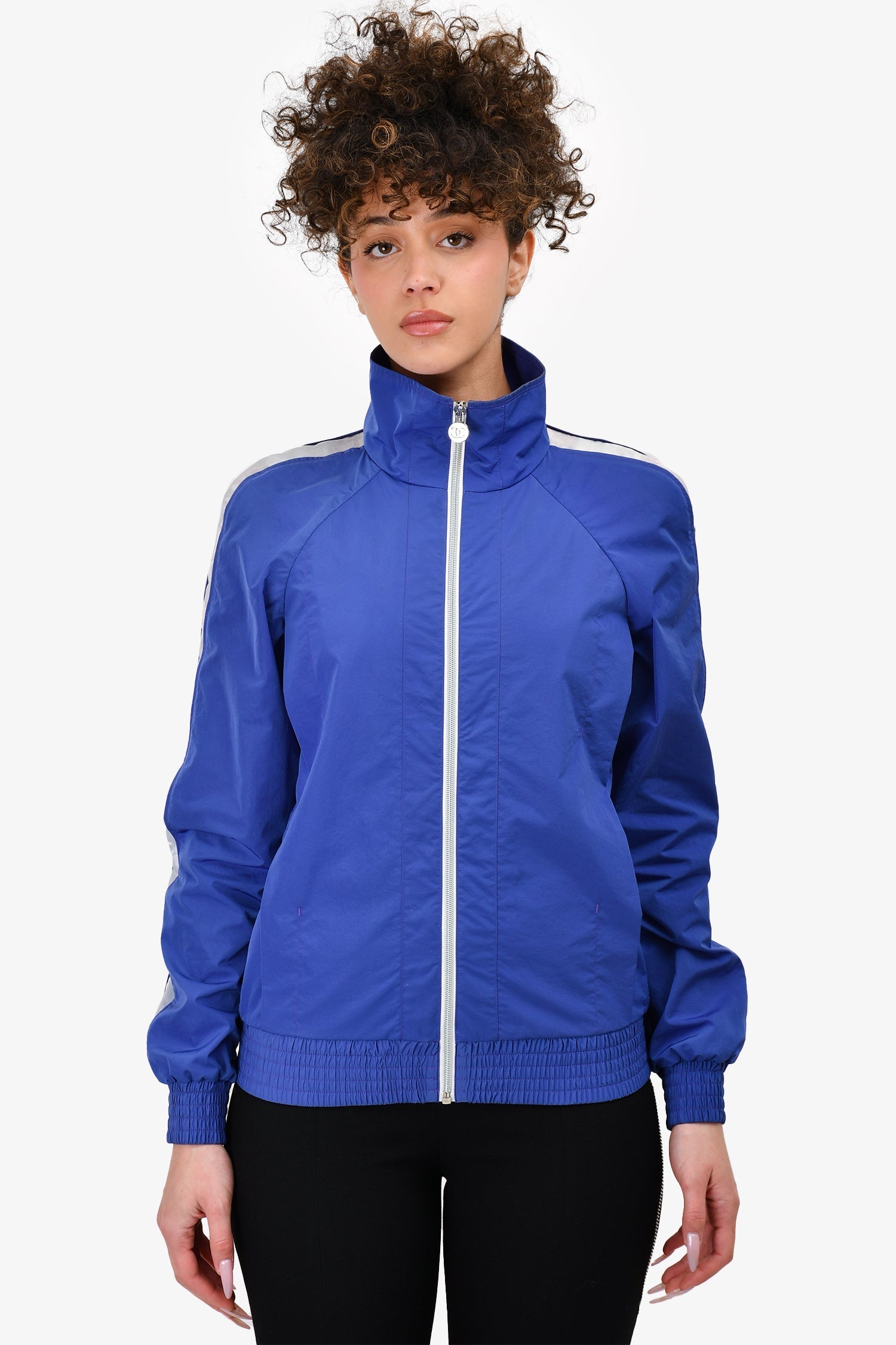 Chanel™ Nylon Blue Sport Jacket Silver Band On Sleeves Size 36