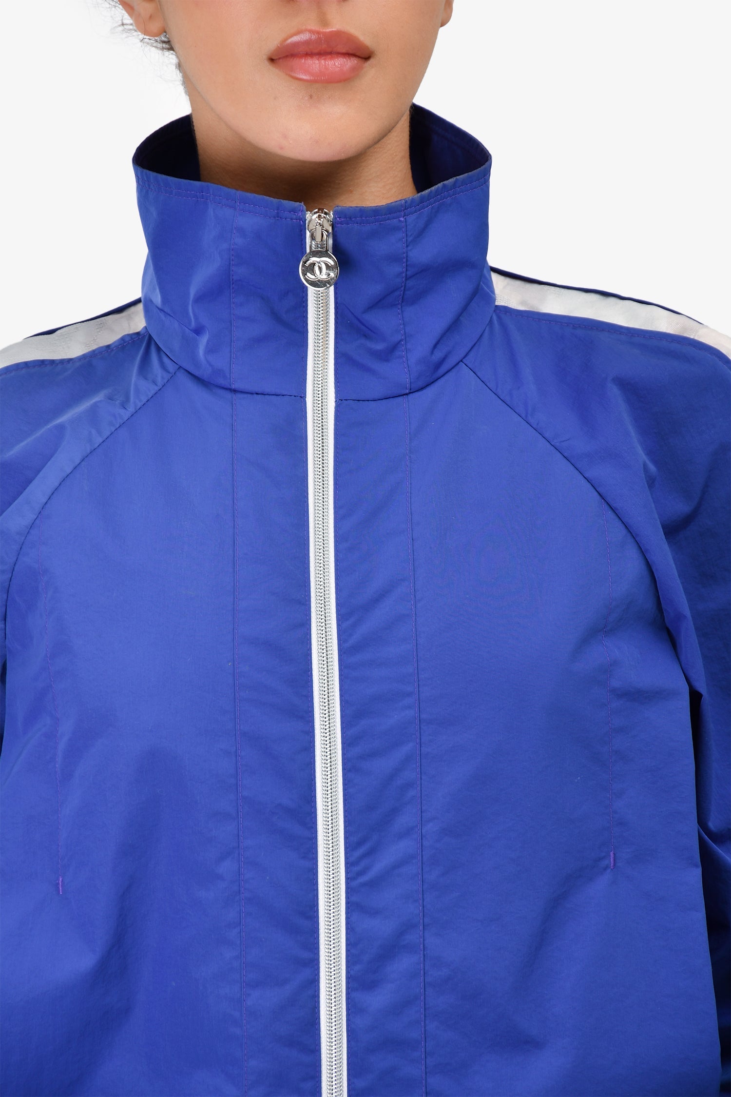 Chanel™ Nylon Blue Sport Jacket Silver Band On Sleeves Size 36