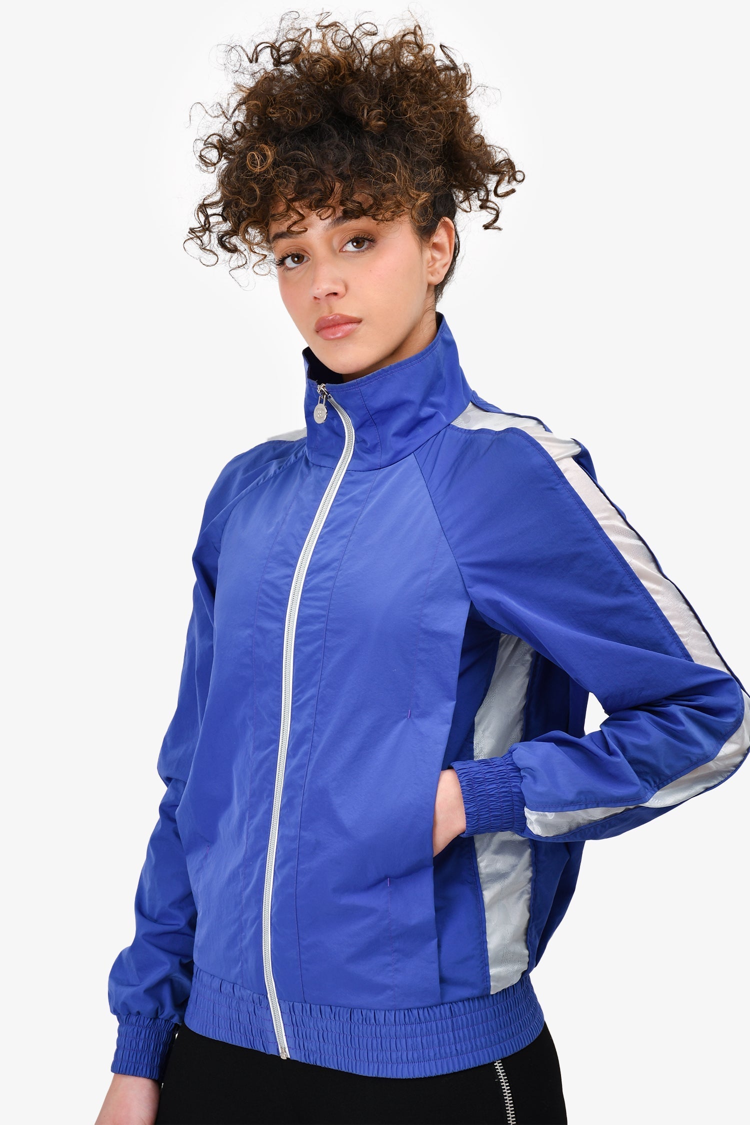 Chanel™ Nylon Blue Sport Jacket Silver Band On Sleeves Size 36