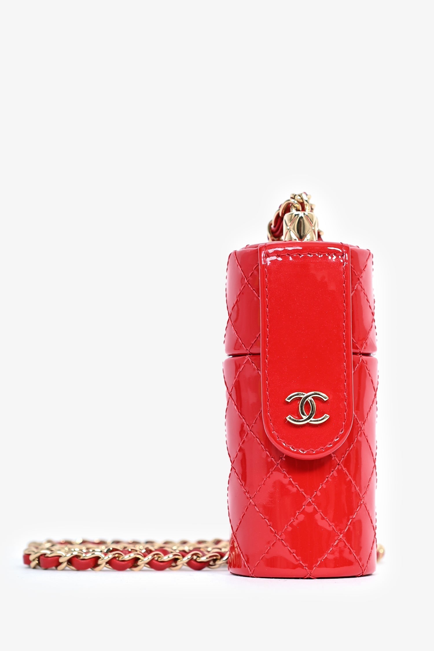 Chanel™ 2020 Red Patent Leather Quilted Lipstick Holder Necklace