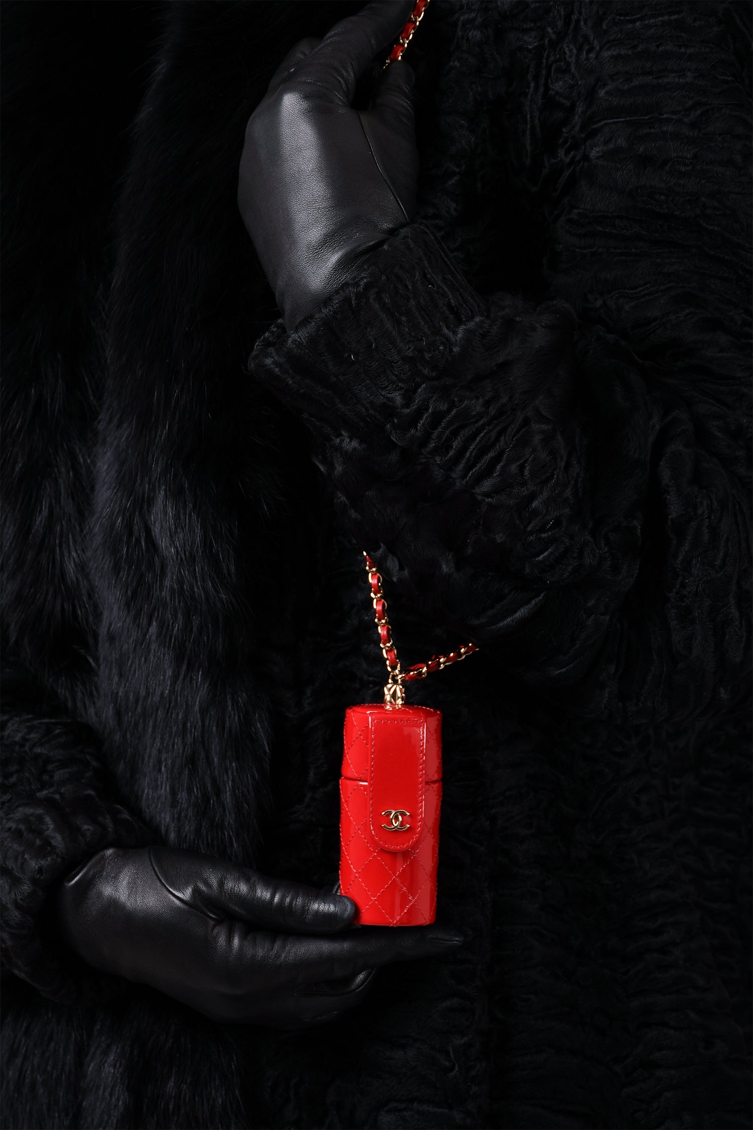 Chanel™ 2020 Red Patent Leather Quilted Lipstick Holder Necklace