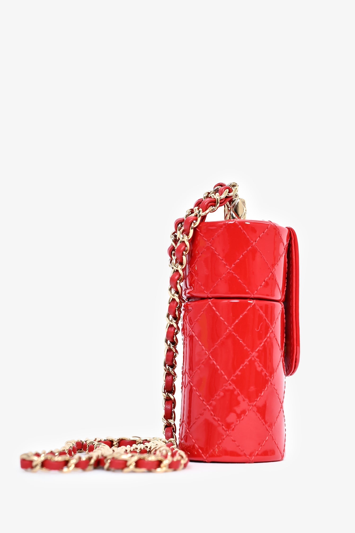 Chanel™ 2020 Red Patent Leather Quilted Lipstick Holder Necklace